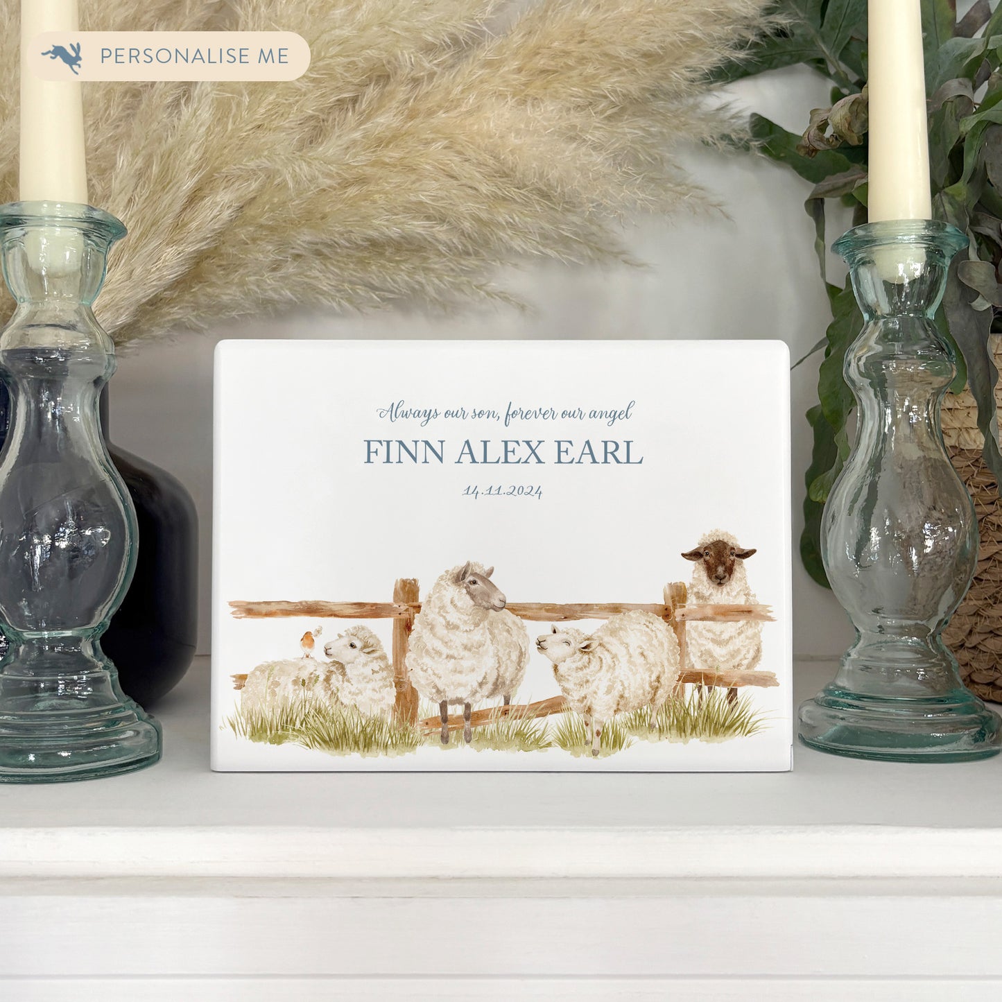 Luxury solid wooden white painted with a group of Sheep with a little Robin watercolour illustration our urns and Caskets for displaying or burying ashes. Customisable and can be personalised. Perfect funeral memory keepsake urn, for storing ashes for humans and pets. 