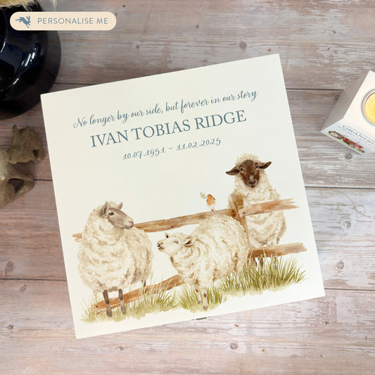 White Square personalised Wooden box with a decorative lid featuring illustrations of Sheep and a little Robin lined up along a fence line. Perfect funeral memory keepsake box, for storing ashes, order of service, flowers and capturing your loved ones things in one place