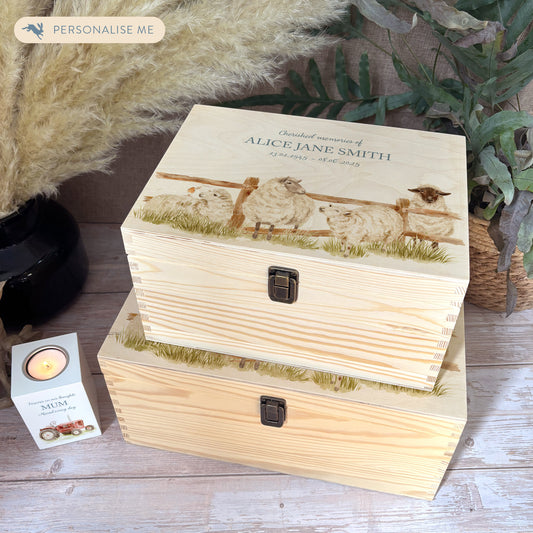 Wooden box with a lid featuring an illustration of a sheep on a wooden background Perfect funeral memory keepsake box, for storing ashes, order of service, flowers, pictures. 