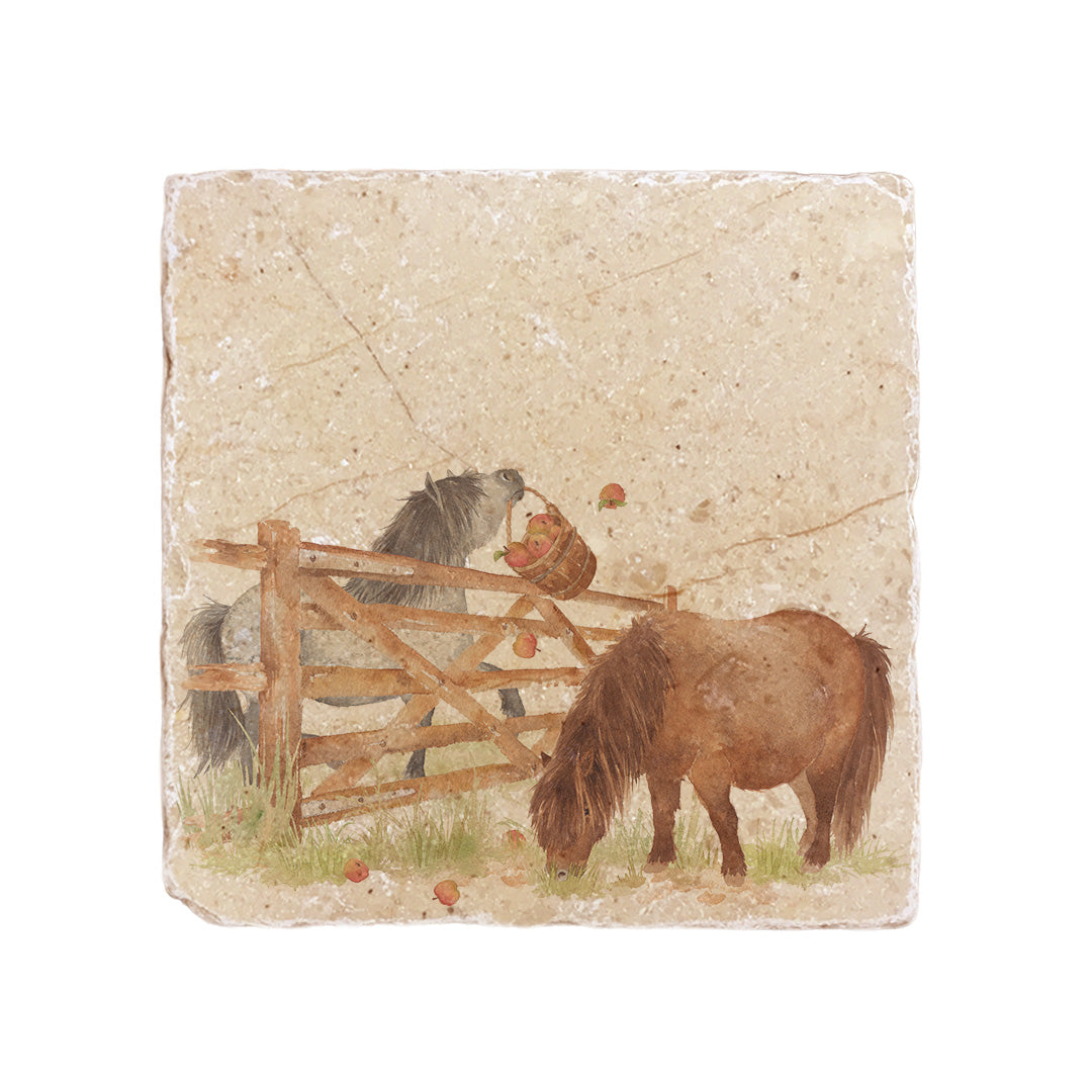 A medium square multipurpose marble platter, featuring a watercolour design of two cheeky Shetland ponies stealing apples.