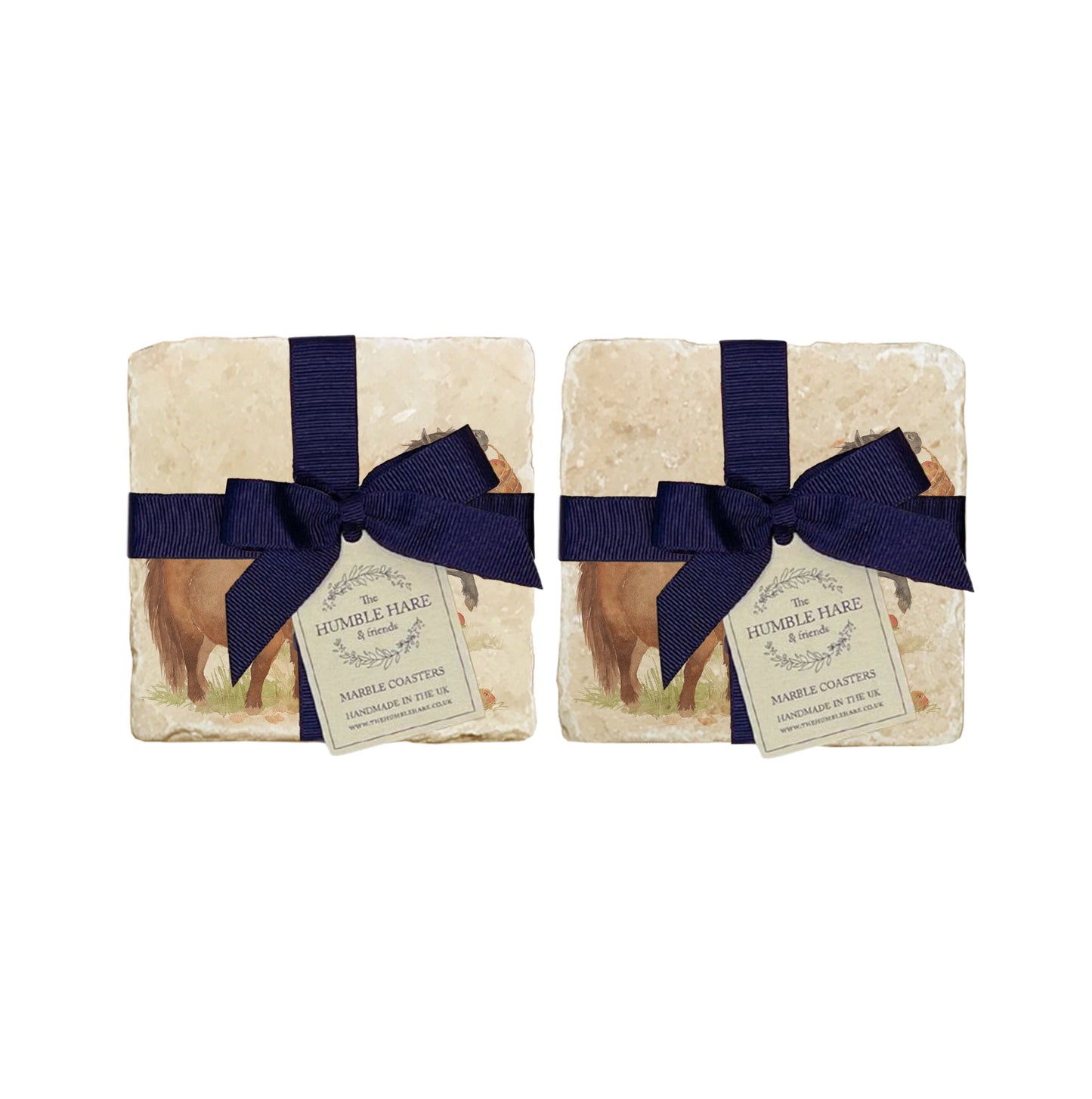 A set of 4 handmade marble coasters featuring a watercolour Shetland pony design, packaged in 2 pairs, with a luxurious blue bow and gift tag.