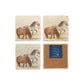 A set of 4 square marble coasters, featuring a watercolour design of cheeky Shetland ponies. One coaster is flipped to show that the coasters are backed with cork.