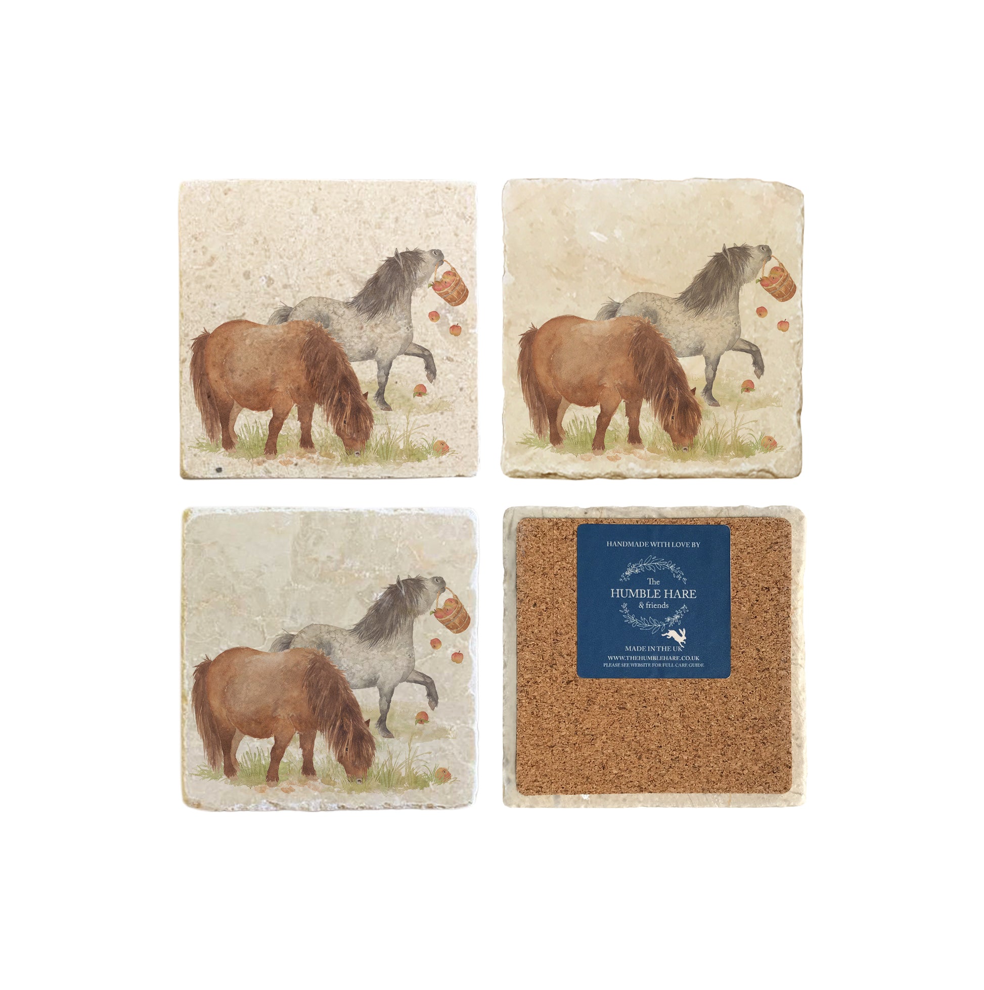 A set of 4 square marble coasters, featuring a watercolour design of cheeky Shetland ponies. One coaster is flipped to show that the coasters are backed with cork.
