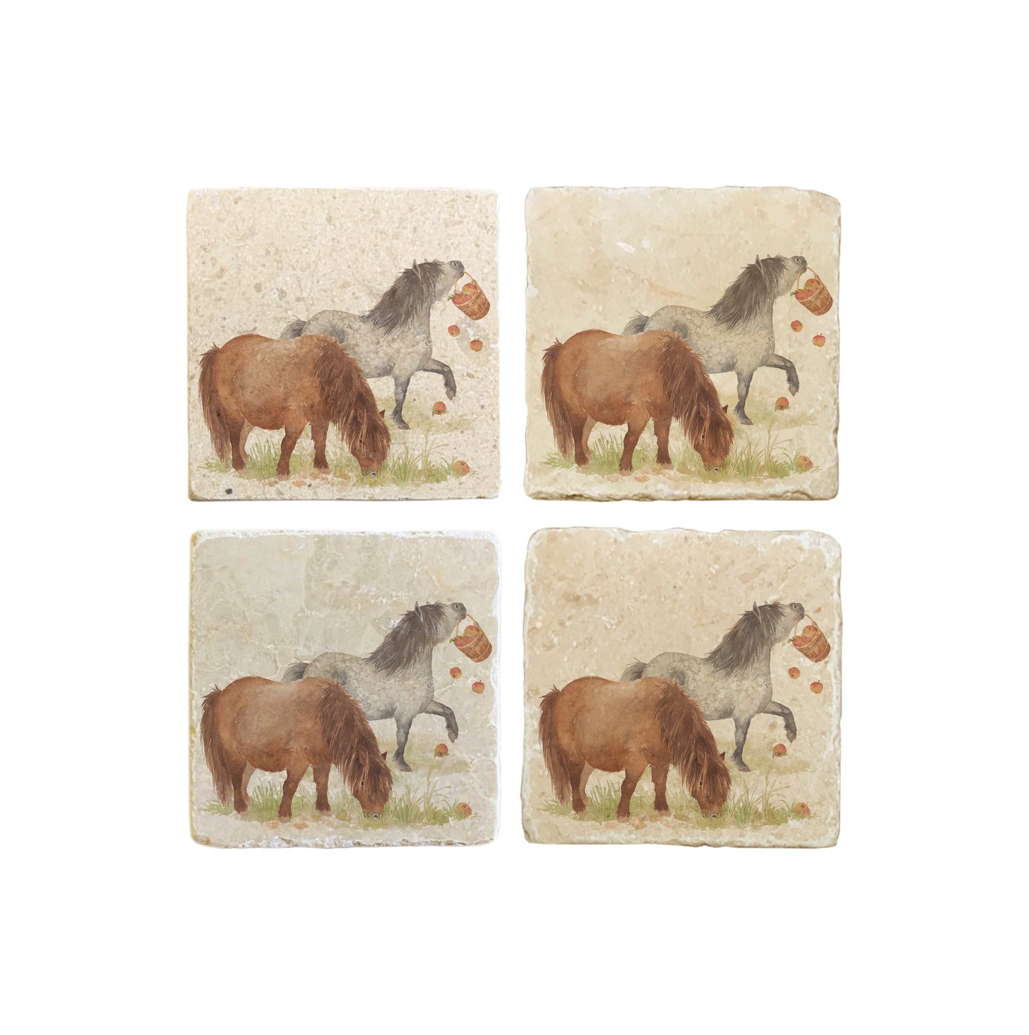 A set of 4 square marble coasters, featuring a watercolour design of two cheeky Shetland ponies stealing apples.