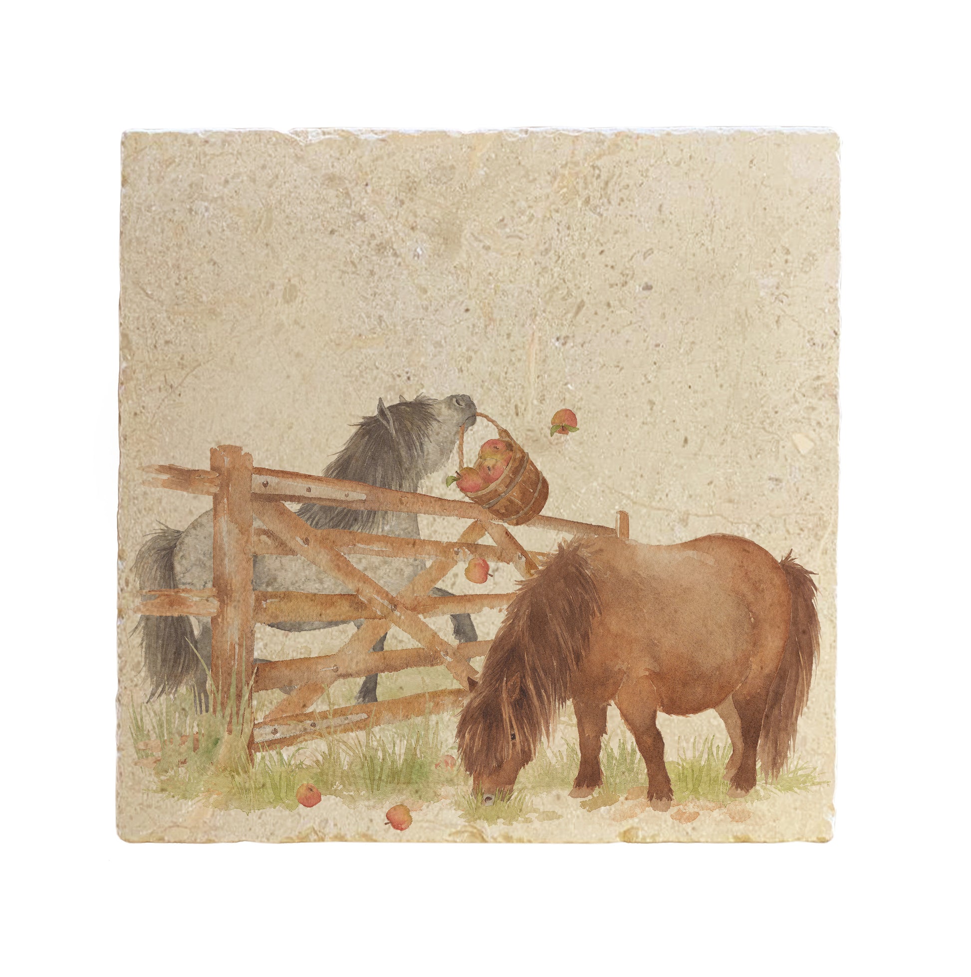 A large square multipurpose marble platter, featuring a watercolour design of two cheeky Shetland ponies stealing apples.