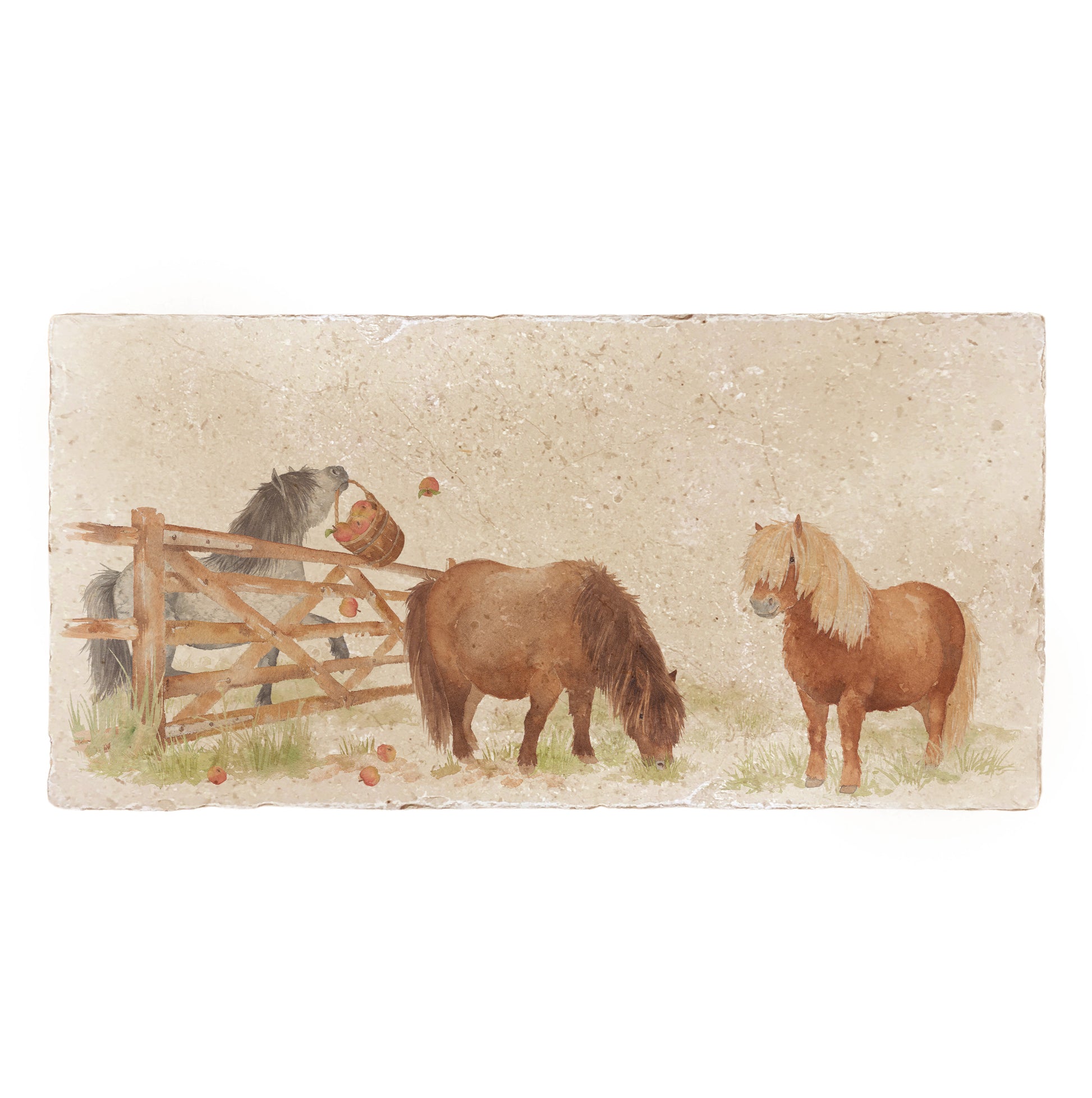 A 20x40cm marble splashback tile, featuring a watercolour design of naughty Shetland ponies stealing apples.