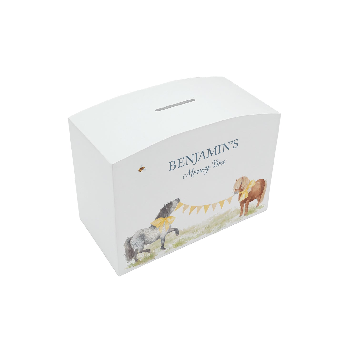 Water colour Shetland pony money box, strutting around with bows and bunting, great gift for children's bedroom and nursery. 