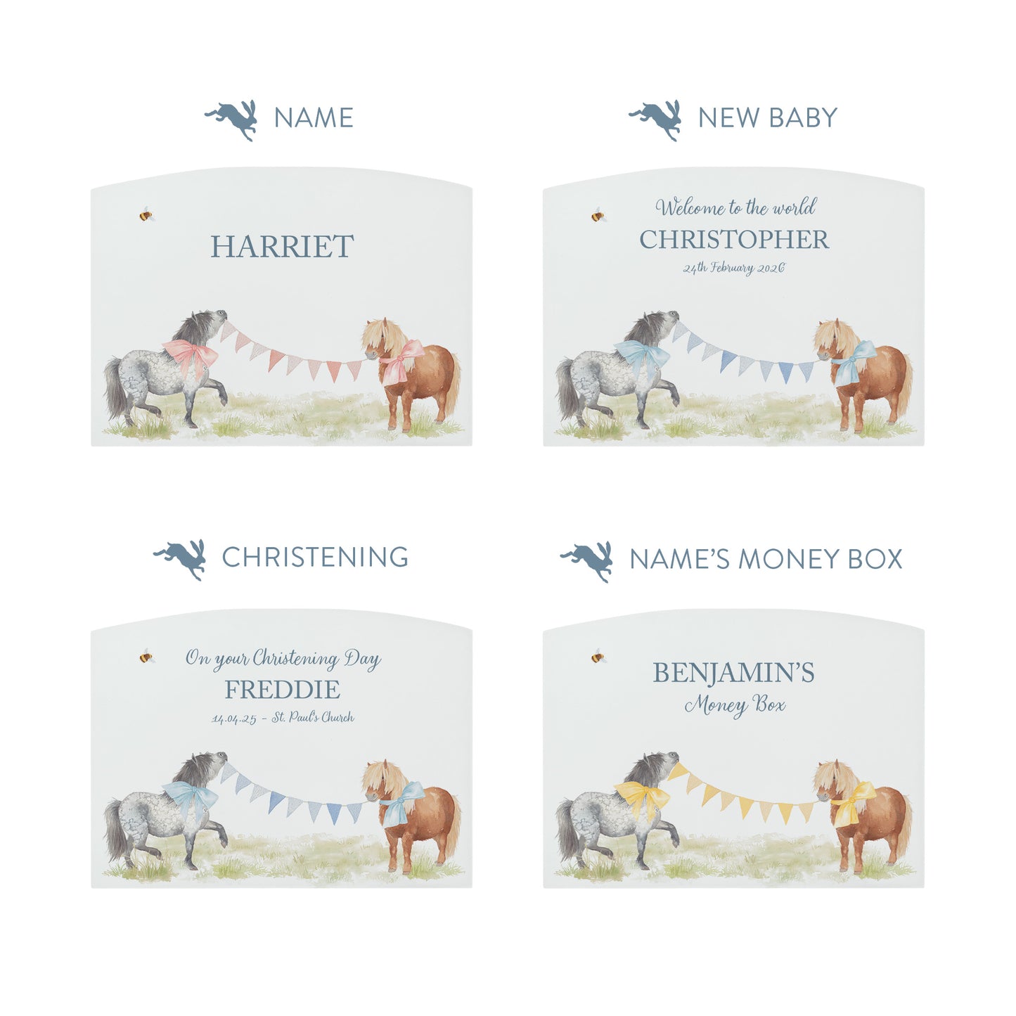 Water colour Shetland pony money box, strutting around with bows and bunting, great gift for children's bedroom and nursery. 