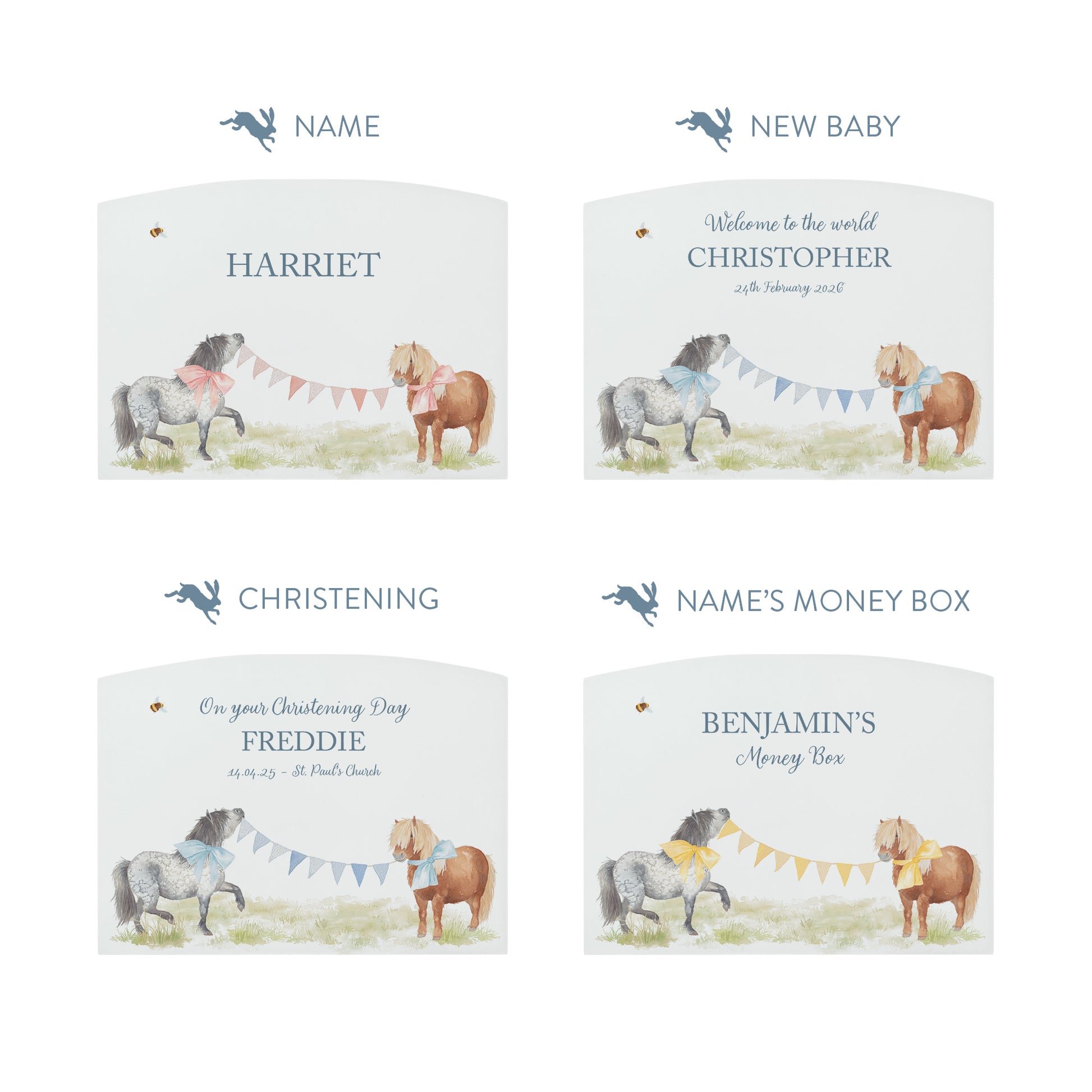 Water colour Shetland pony money box, strutting around with bows and bunting, great gift for children's bedroom and nursery. 