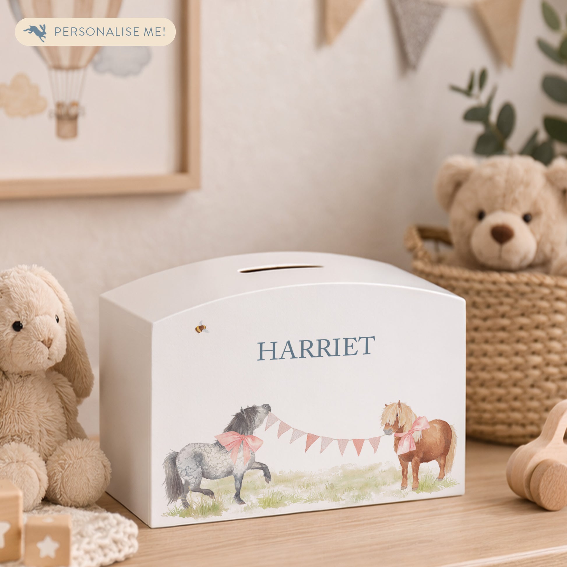 Water colour Shetland pony money box, strutting around with bows and bunting, great gift for children's bedroom and nursery. 