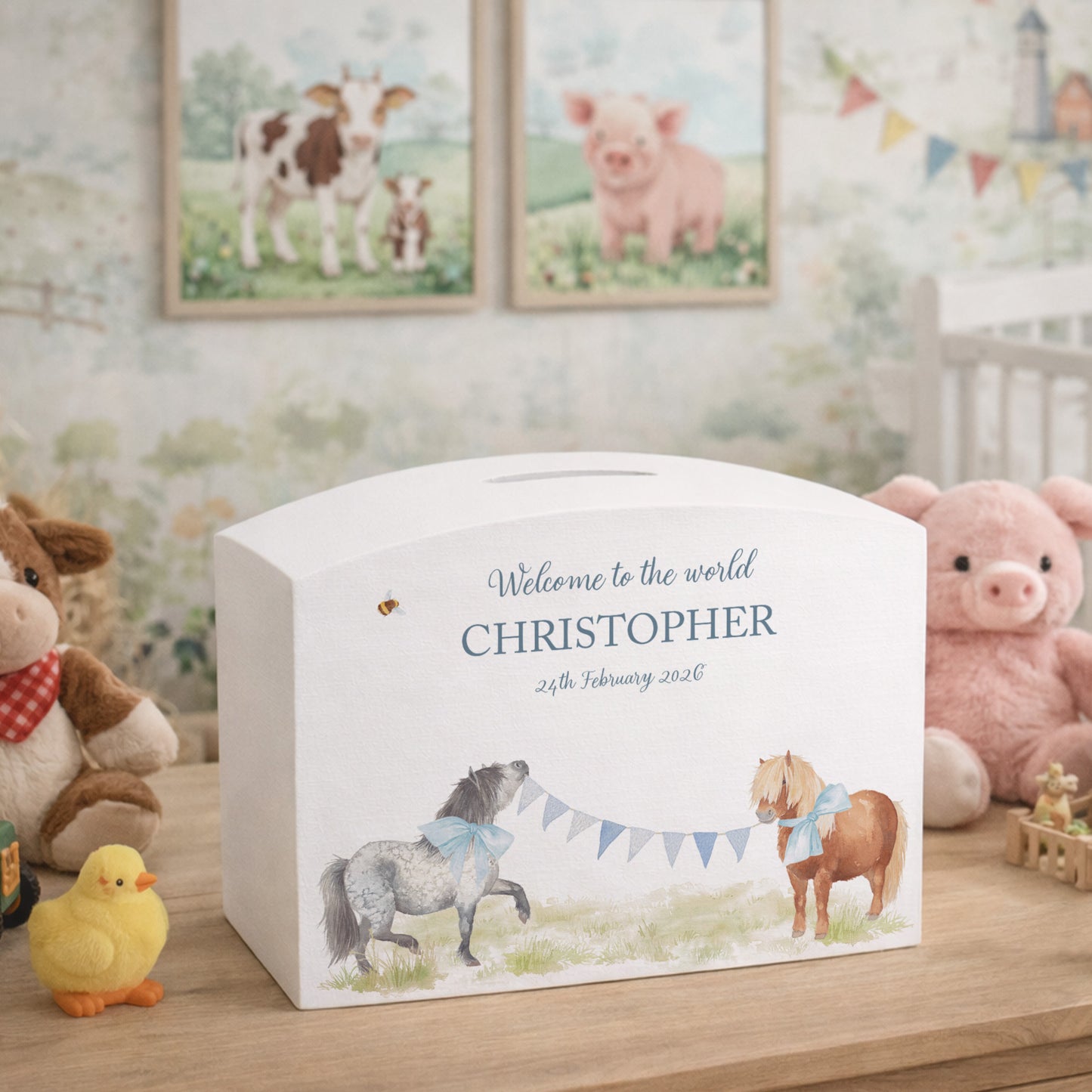 Water colour Shetland pony money box, strutting around with bows and bunting, great gift for children's bedroom and nursery. 