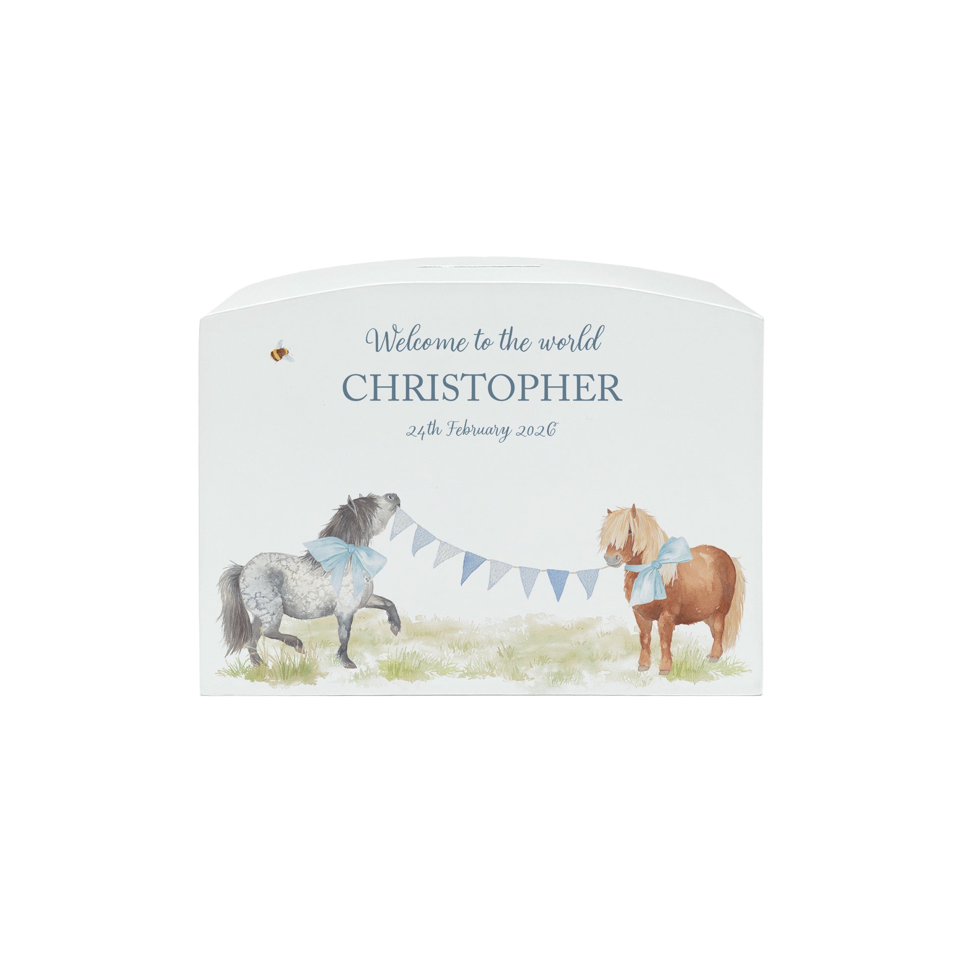 Water colour Shetland pony money box, strutting around with bows and bunting, great gift for children's bedroom and nursery. 