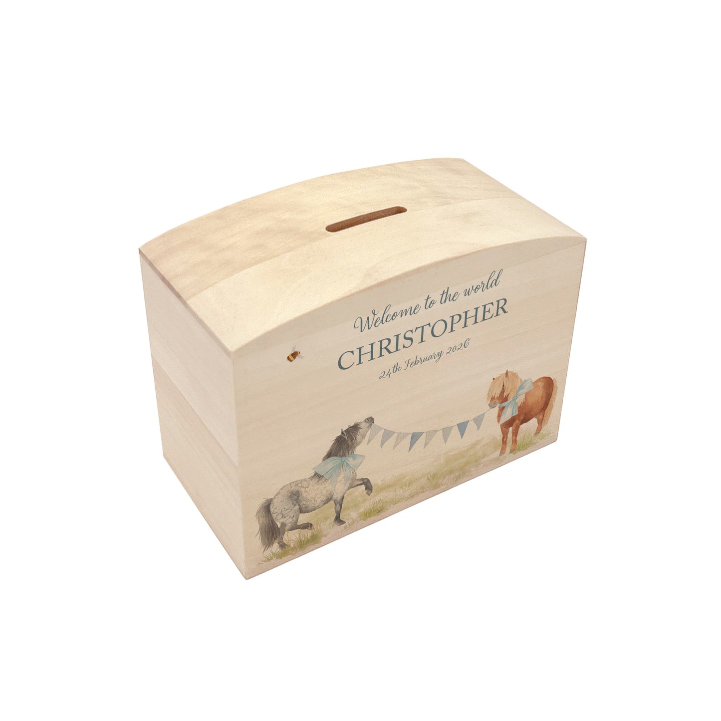 wooden handmade money box with watercolour artwork in childrens bedroom