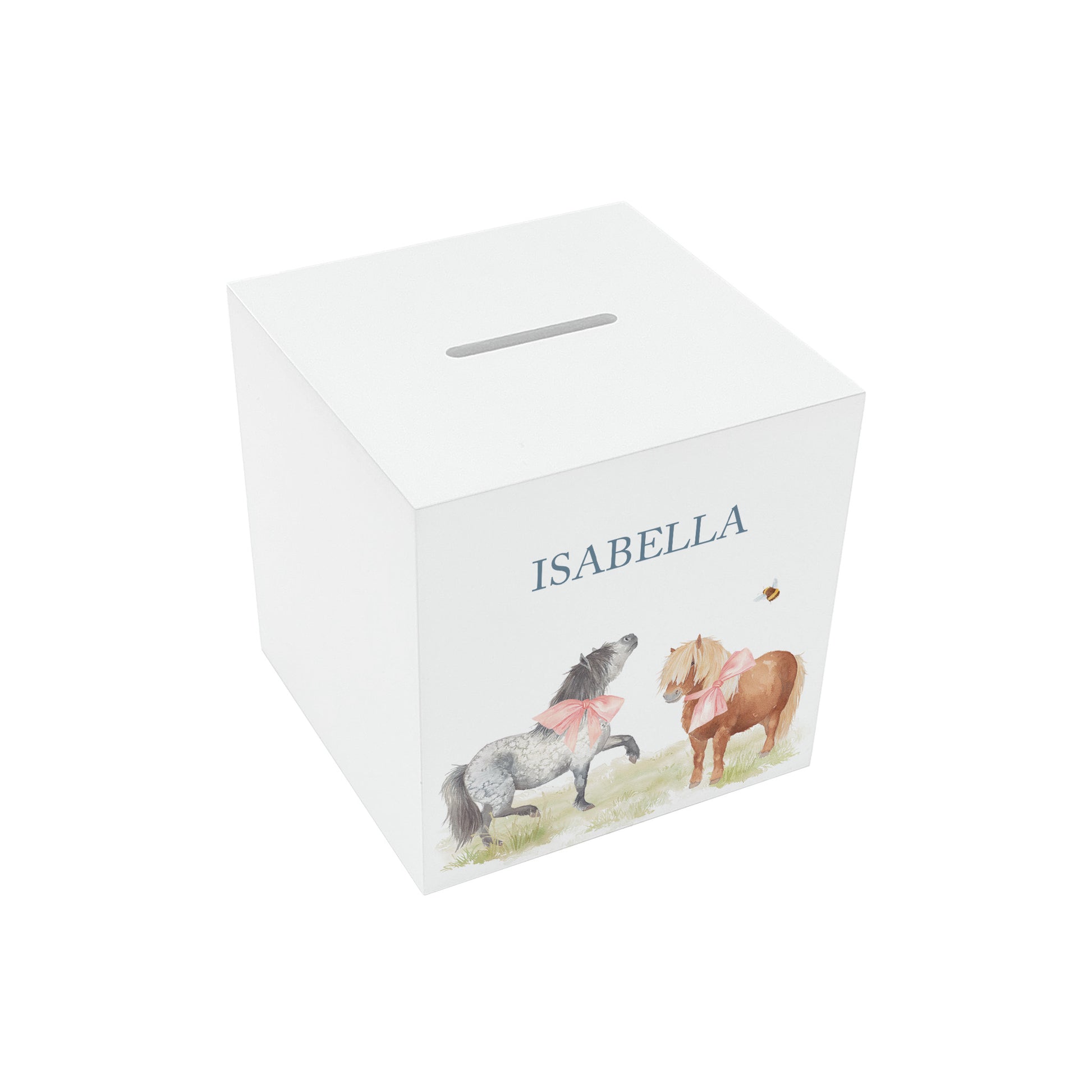 watercolour animal money box handmade for childrens bedroom décor, Shetland ponies prancing around with bunting and bows on them
