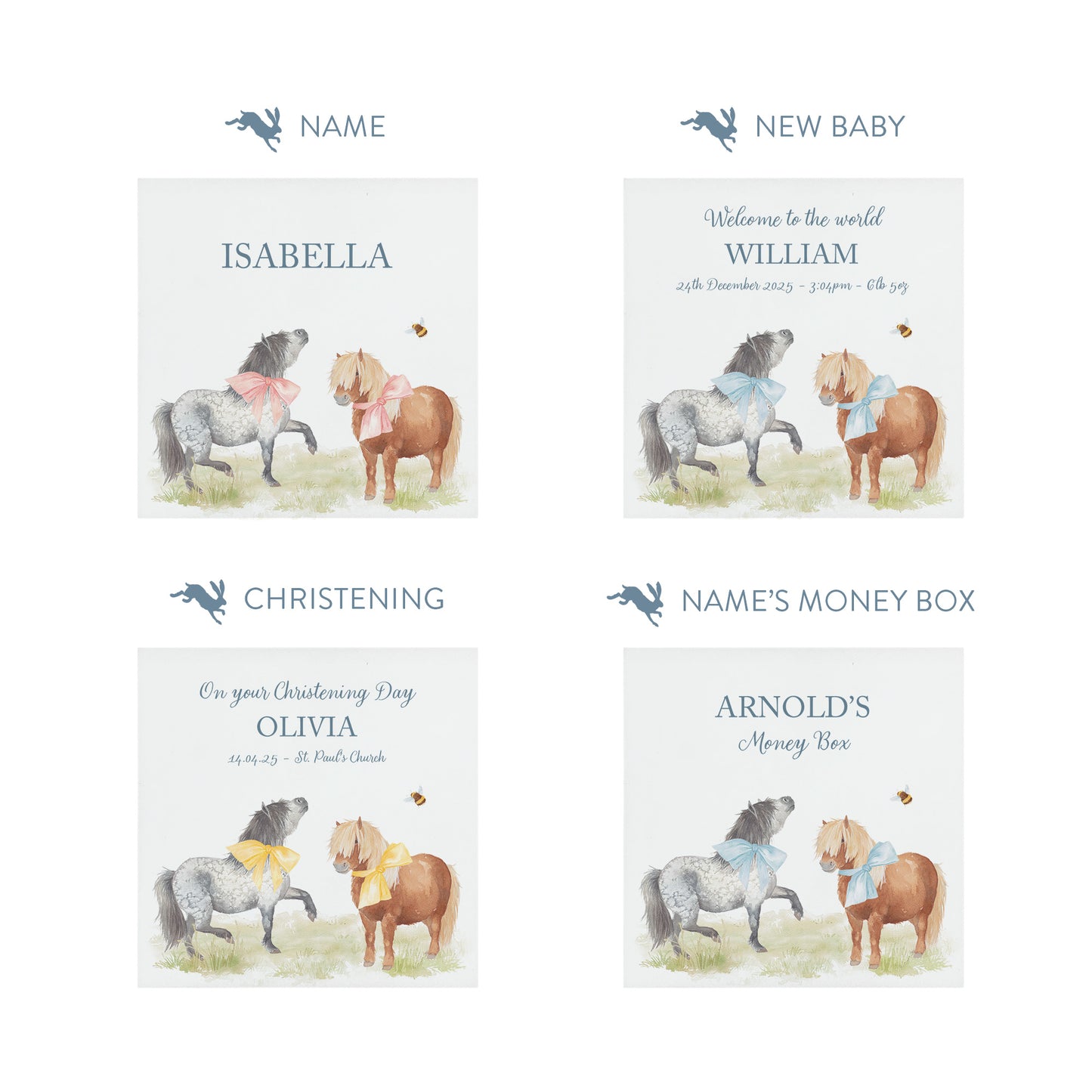 watercolour animal money box handmade for childrens bedroom décor, Shetland ponies prancing around with bunting and bows on them