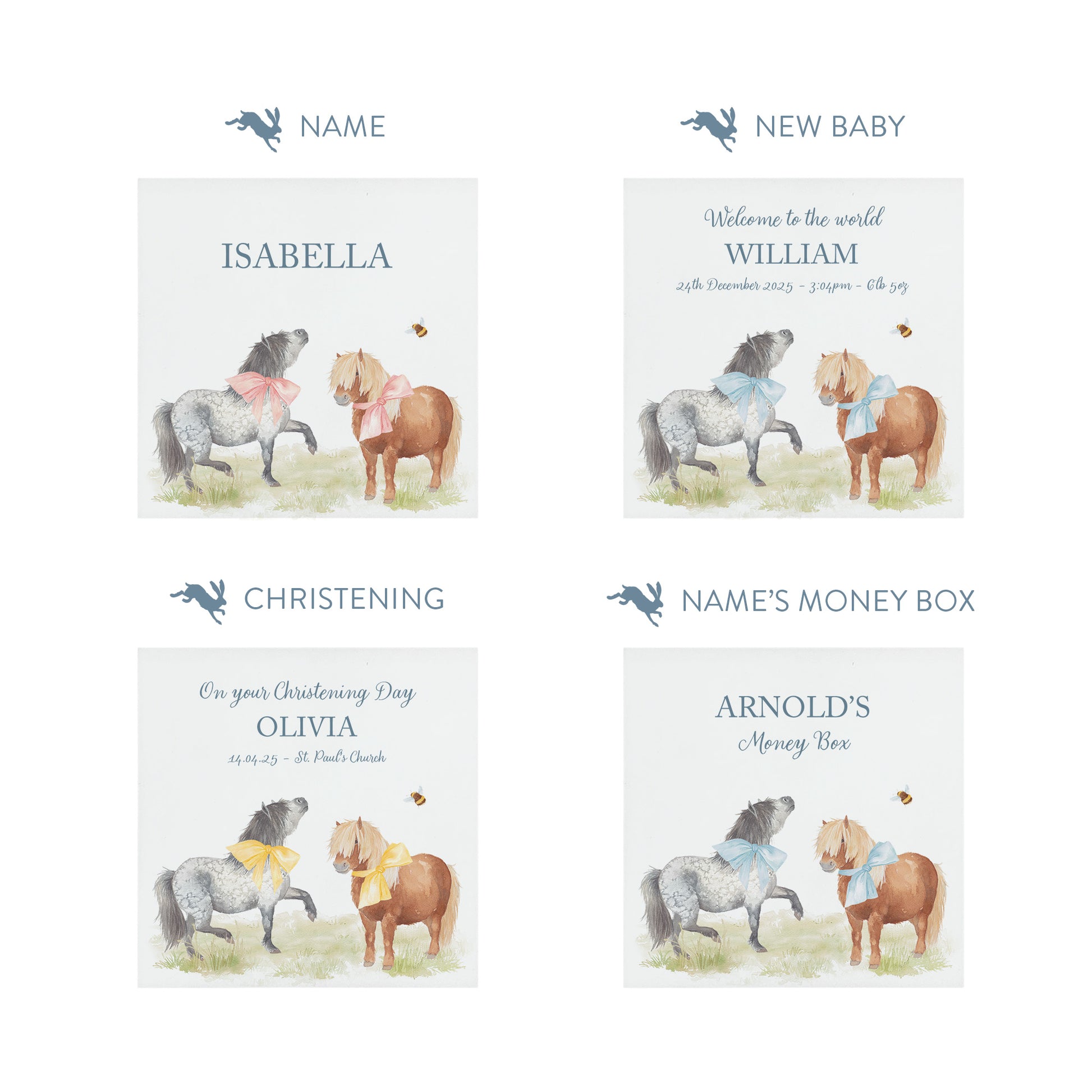 watercolour animal money box handmade for childrens bedroom décor, Shetland ponies prancing around with bunting and bows on them