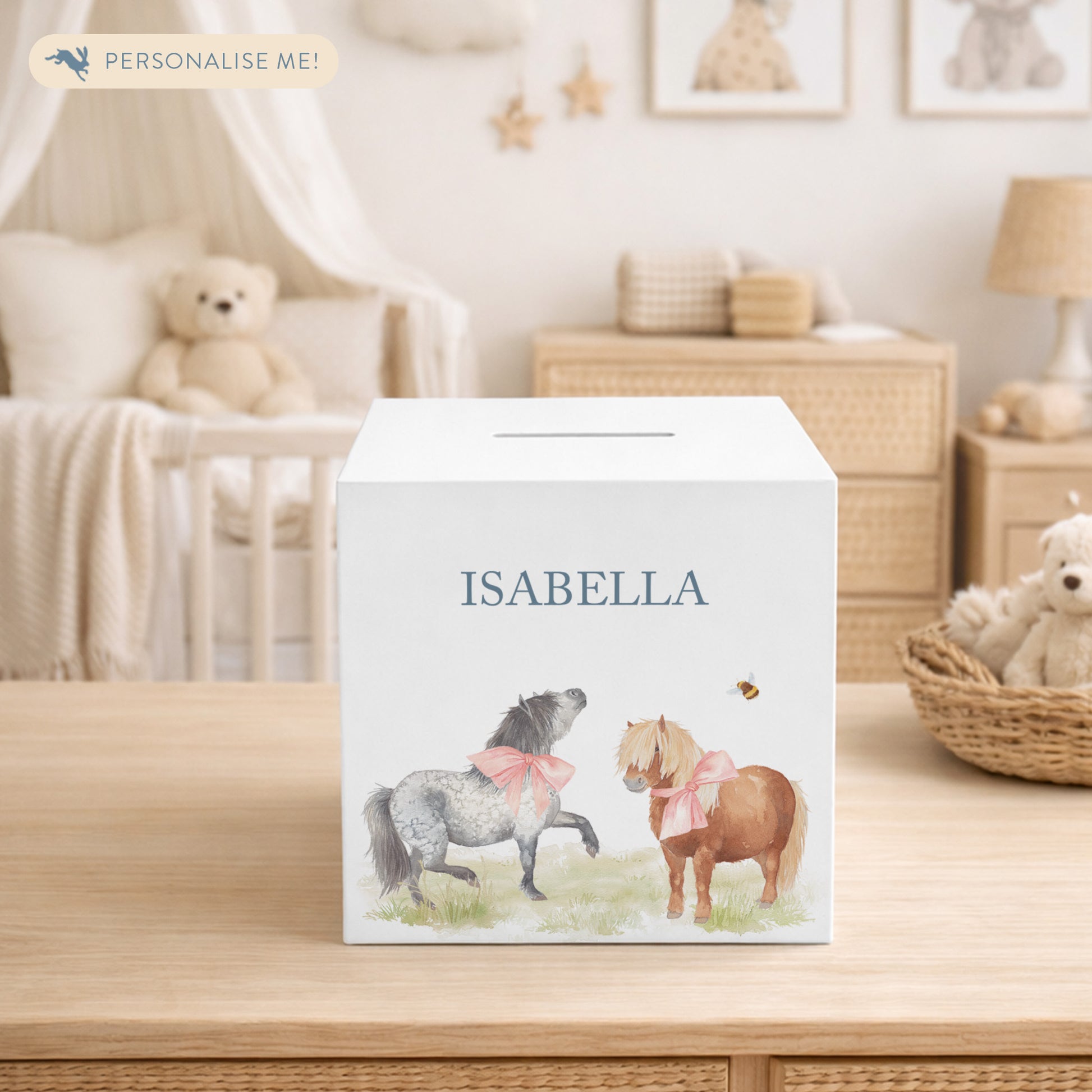 watercolour animal money box handmade for childrens bedroom décor, Shetland ponies prancing around with bunting and bows on them