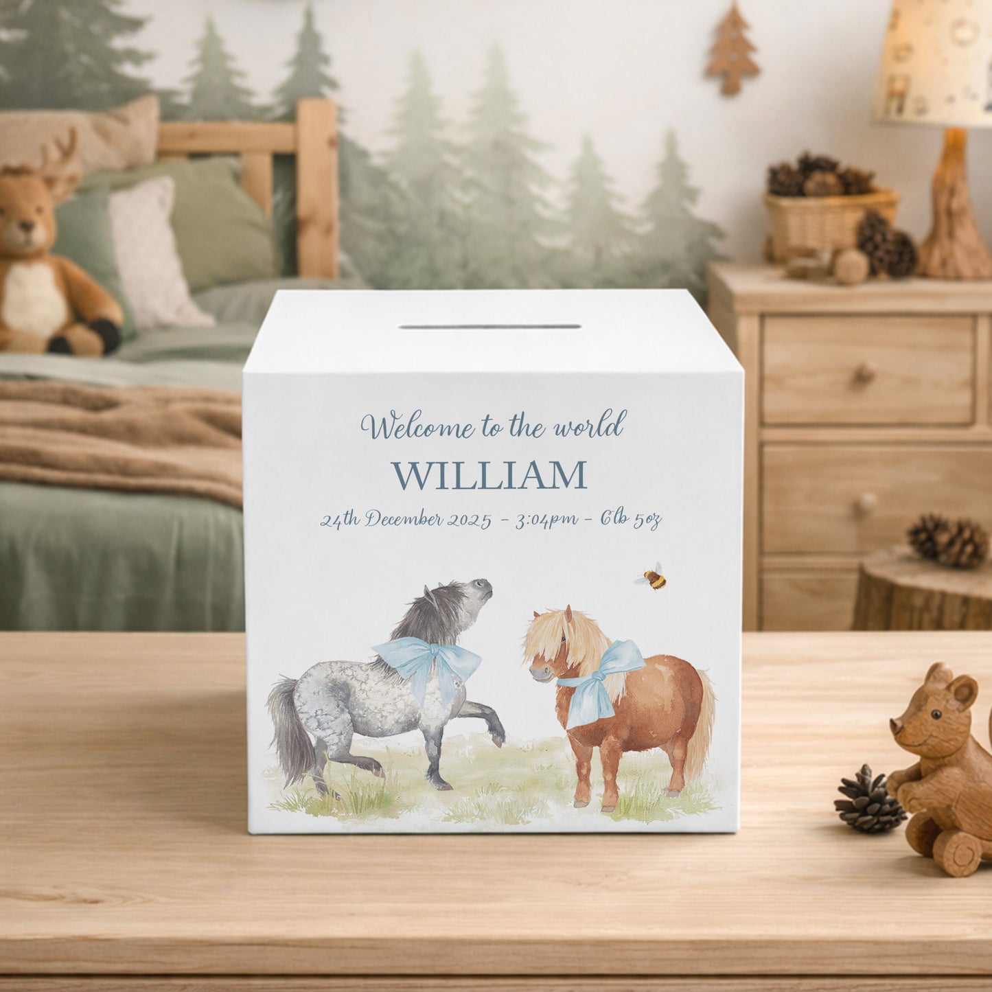 watercolour animal money box handmade for childrens bedroom décor, Shetland ponies prancing around with bunting and bows on them