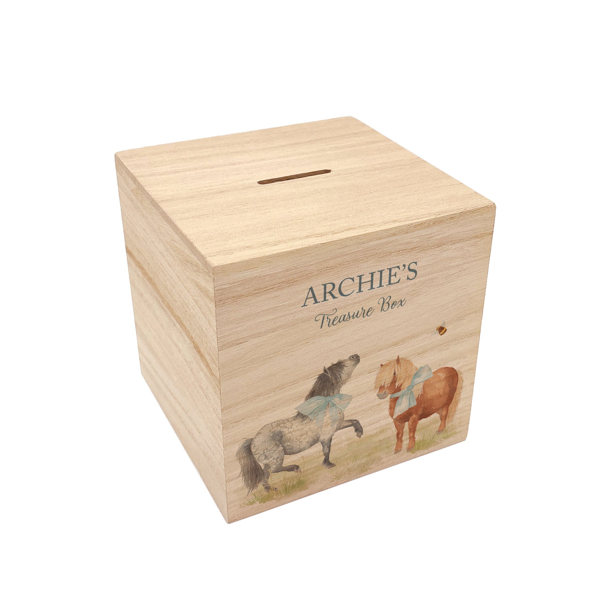 personalised handmade wooden money box for christening nursery decor, Shetland ponies playing with bunting and bows around their neck. 