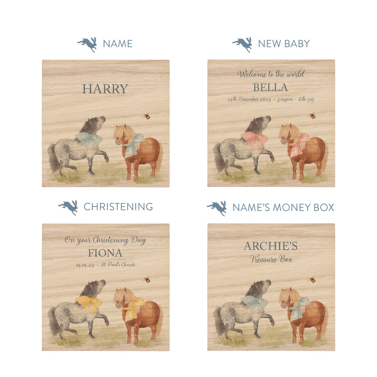 personalised handmade wooden money box for christening nursery decor, Shetland ponies playing with bunting and bows around their neck. 