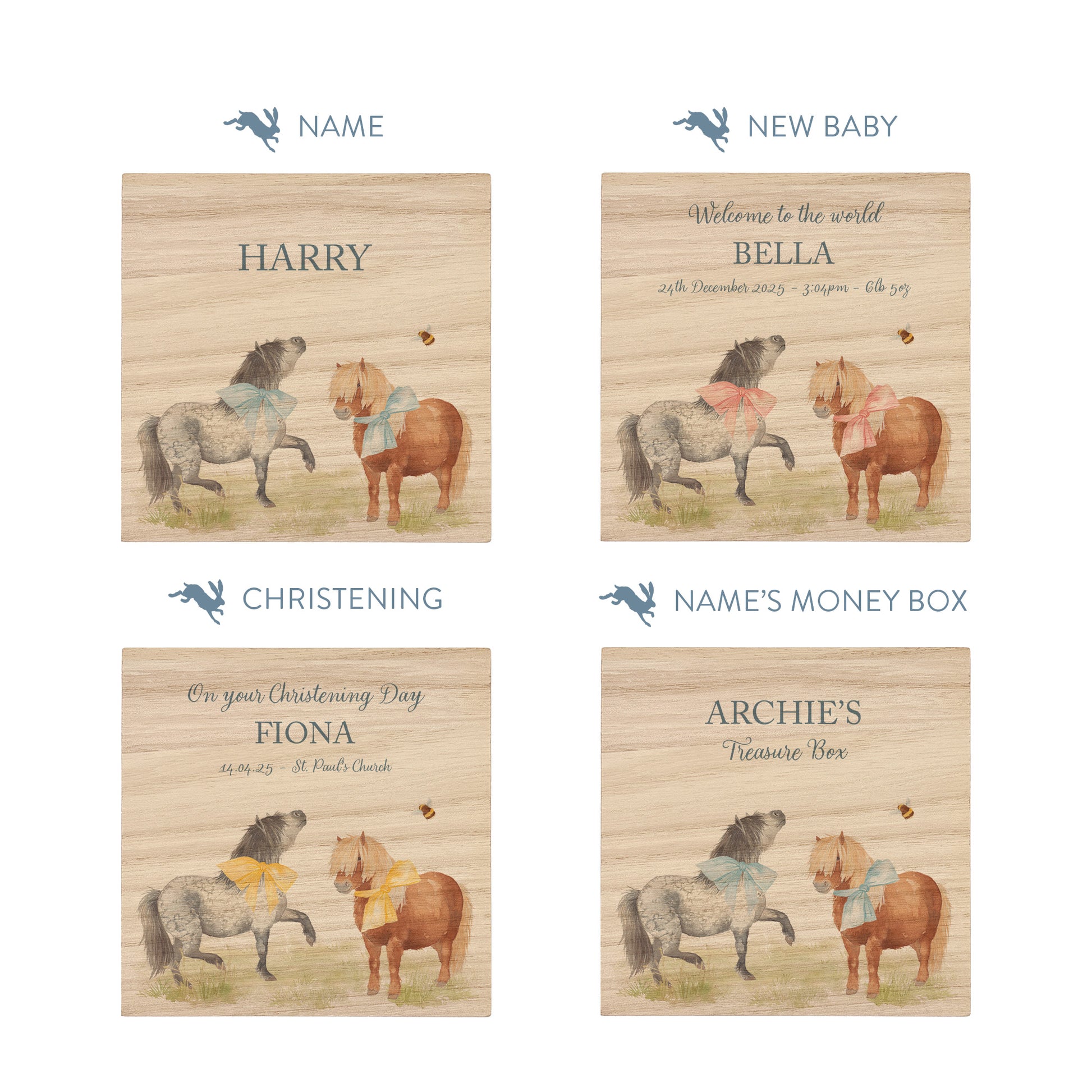 personalised handmade wooden money box for christening nursery decor, Shetland ponies playing with bunting and bows around their neck. 