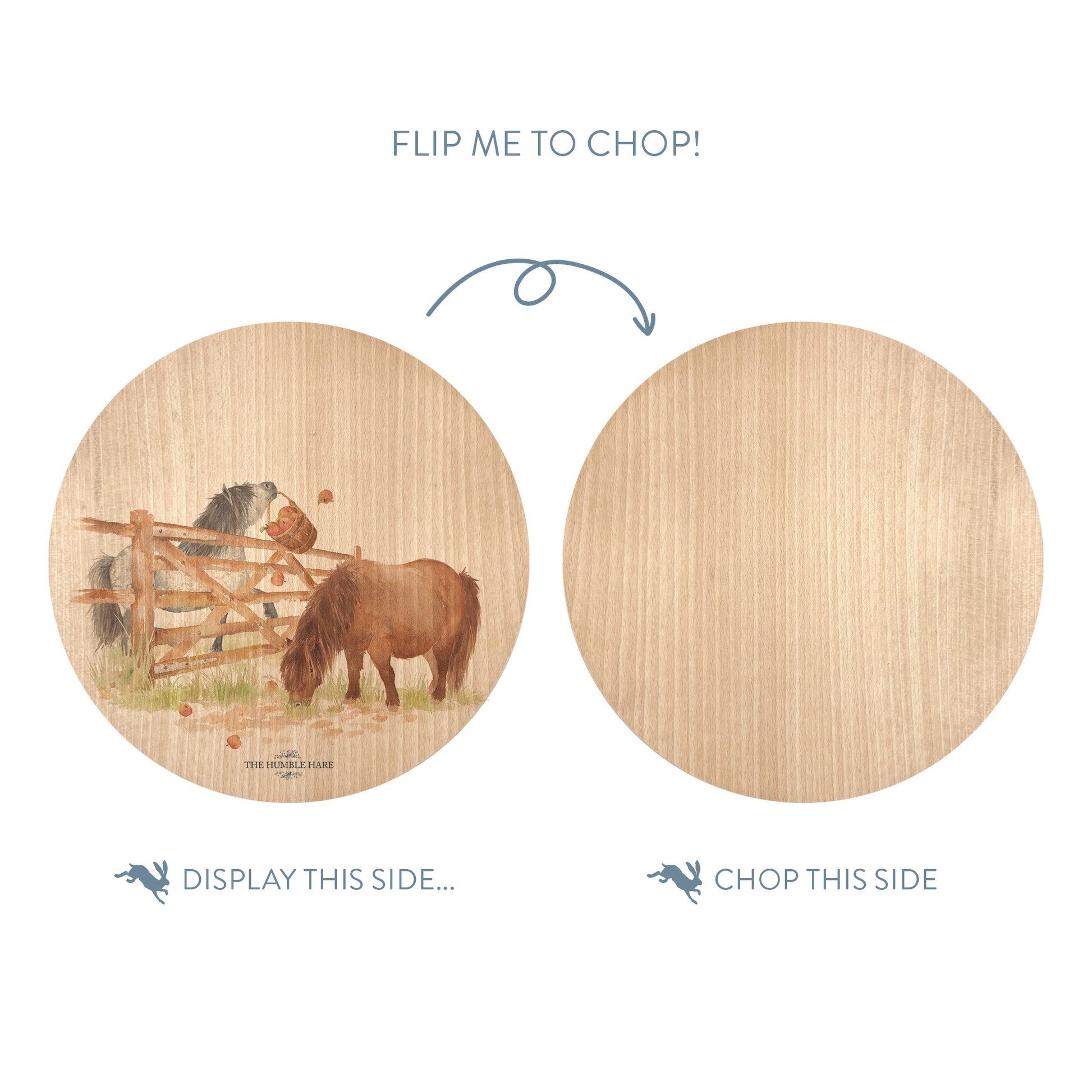Wooden cutting board with a Shetland pony illustration on one side and plain wood on the other, with text indicating which side to display and which to chop.