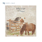 A large square personalised marble placemat with a cheeky Shetland pony design. The placemat is personalised with a couples names and family name in a dark blue brush script font.