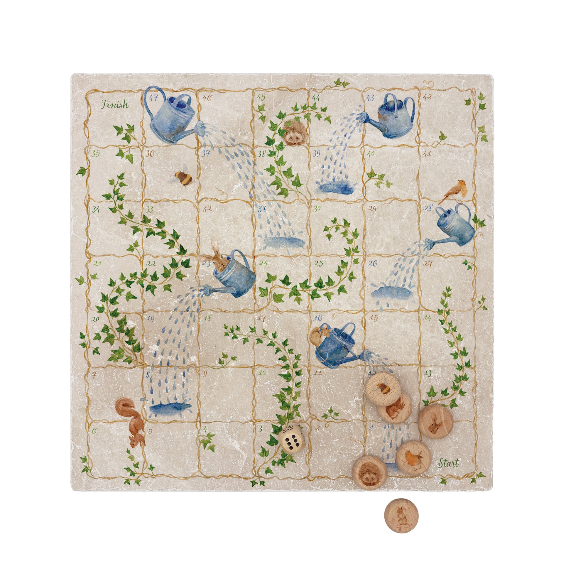 Luxury Snakes and Ladders board game handcrafted from natural marble stone, showcasing intricate detailing and timeless craftsmanship. Elegant handmade marble snakes and ladders game that doubles as a decorative o statement piece or table protector with beautiful  Echo friendly packaging.  This unique game features hares  a squirrel Hedgehog, Bee, Robin and  a mouse. these stunning illustrations are of the countryside that inspires us. 