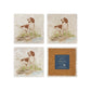 A set of 4 square marble coasters with a watercolour design of a working spaniel dog by a riverbank. One coaster is flipped to show that it is backed with cork to protect work surfaces.