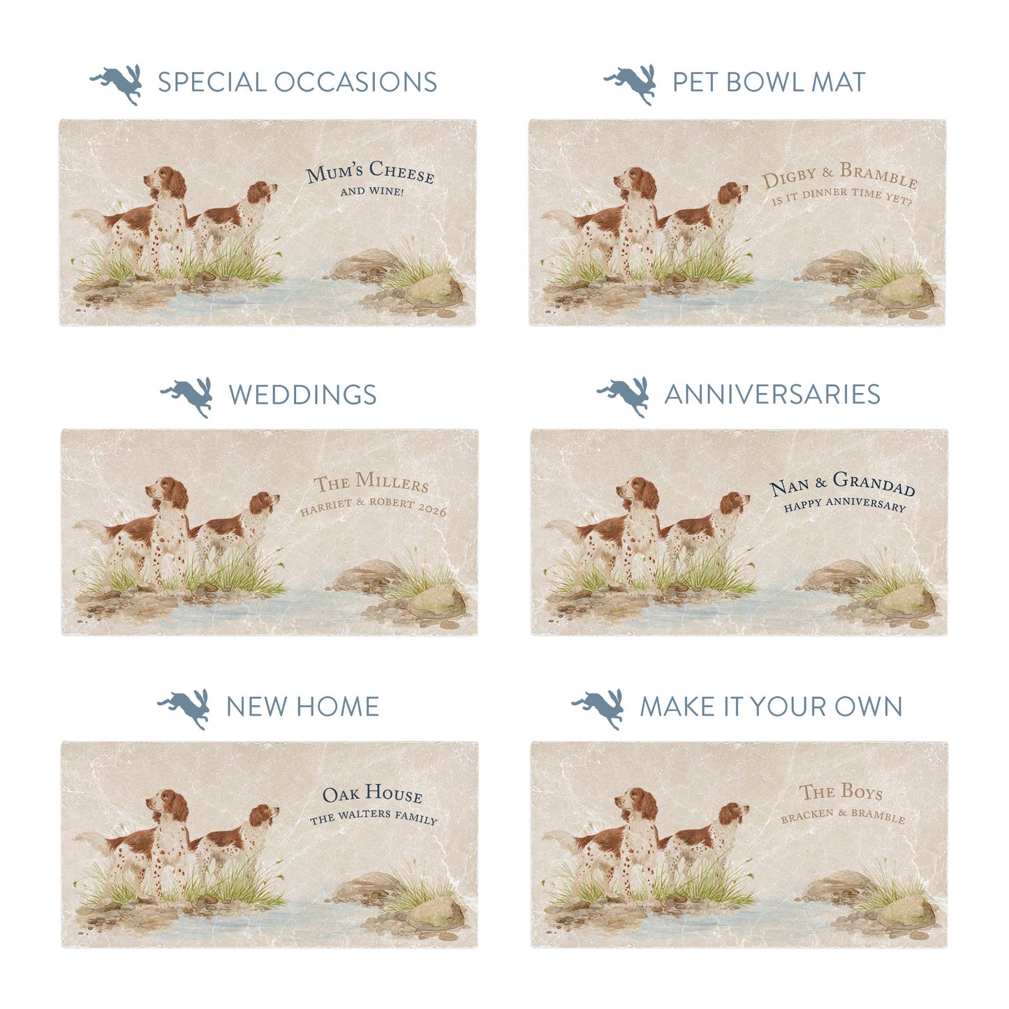 Rectangular marble sharing platters with spaniel dog illustrations, showing personalised text options for special occasions.