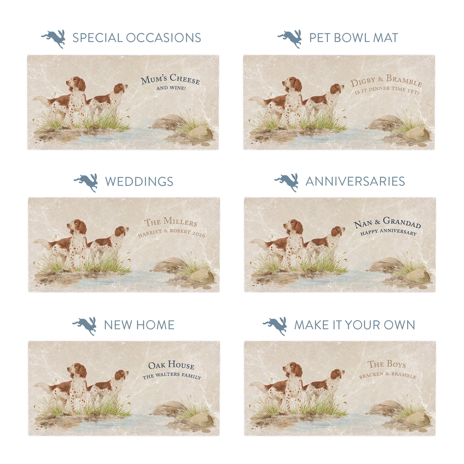 Rectangular marble sharing platters with spaniel dog illustrations, showing personalised text options for special occasions.