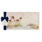 A rectangular marble sharing platter featuring a watercolour design of two working spaniel dogs. The platter is packaged with a luxurious blue gift bow.