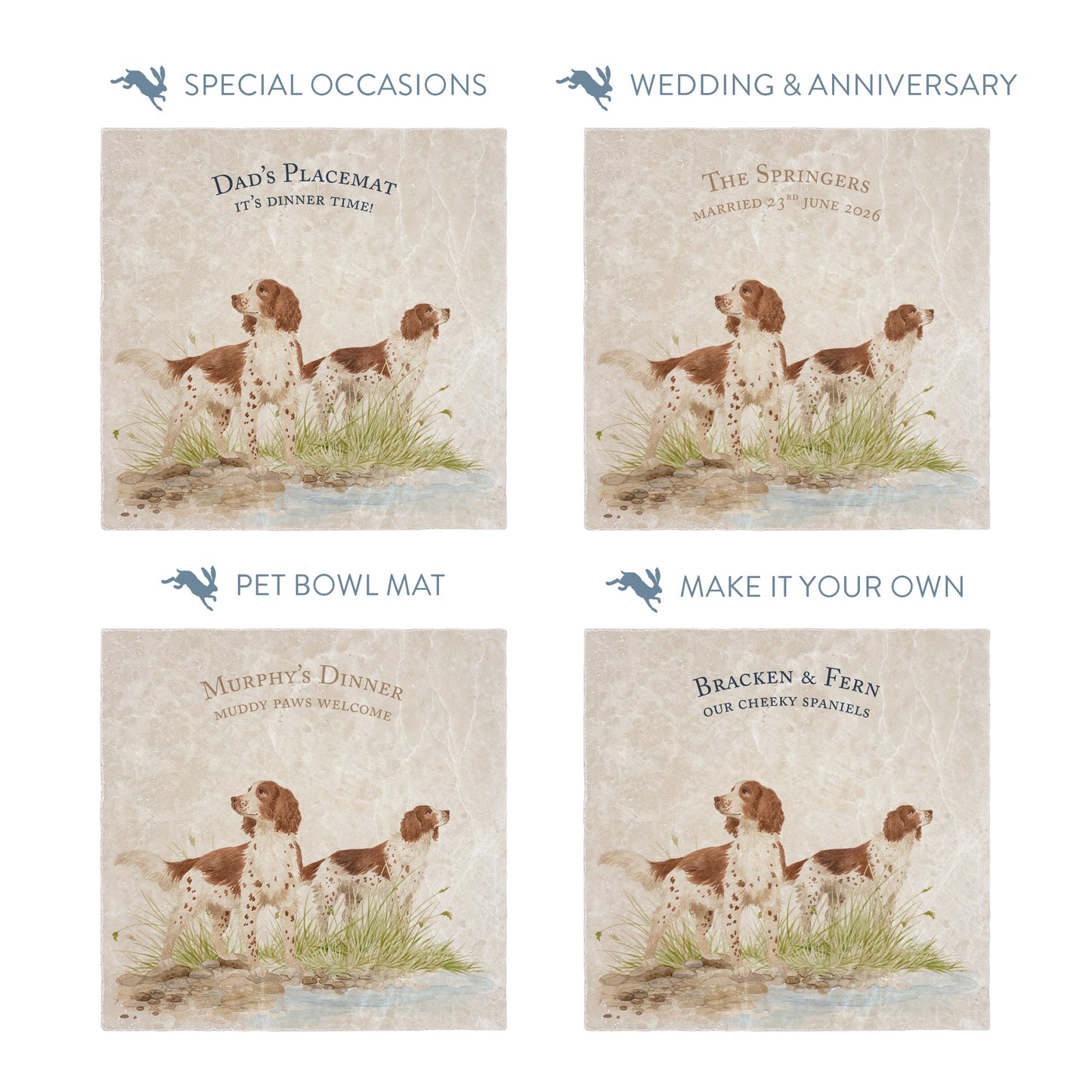 Square large marble platters with spaniel dog illustrations, showing personalised text options for special occasions.