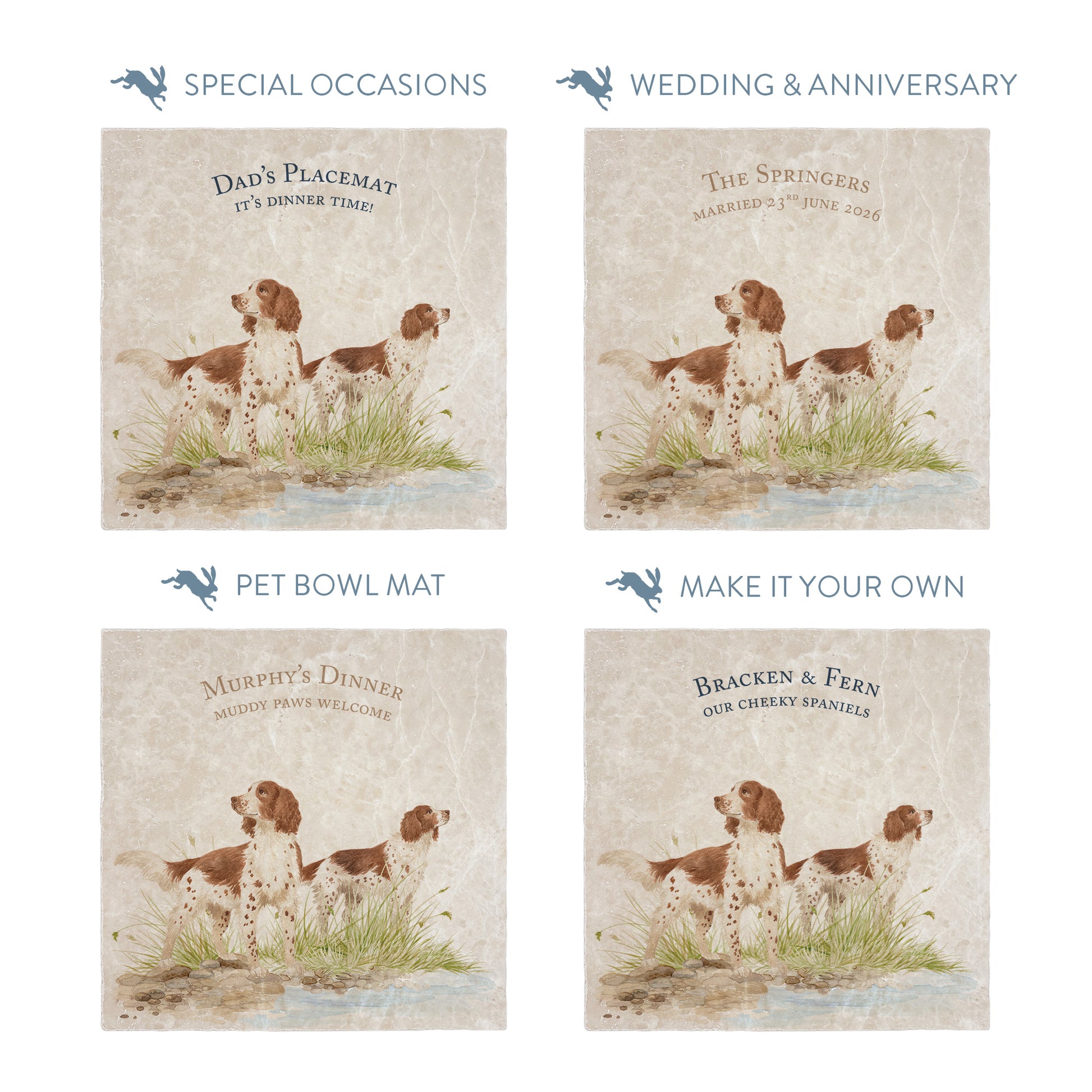 Square large marble platters with spaniel dog illustrations, showing personalised text options for special occasions.