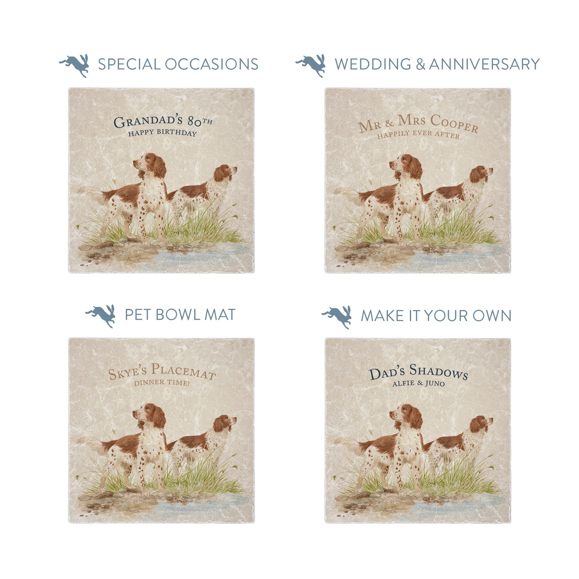 Square medium marble platters with spaniel dog illustrations, showing personalised text options for special occasions.