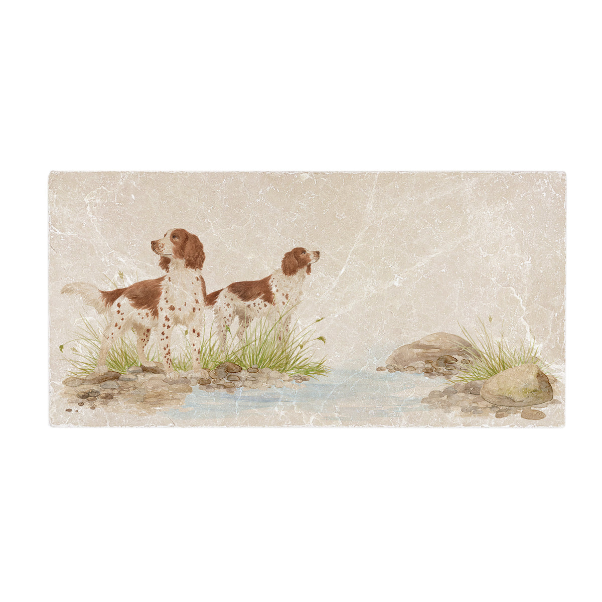 A large rectangular marble splashback tile with a design of two dogs standing by a river.