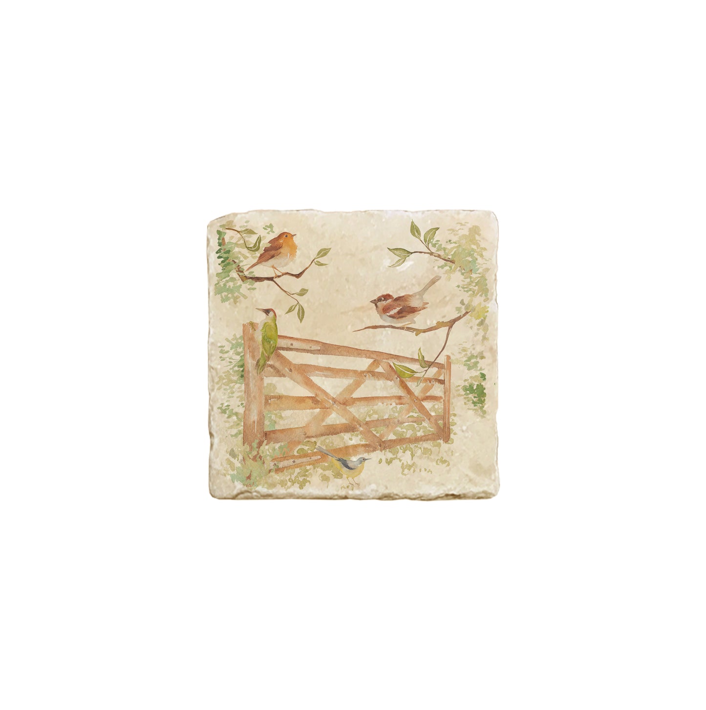 A 10x10cm cream marble splashback tile with a watercolour design featuring garden birds in the hedgerow around a paddock gate.