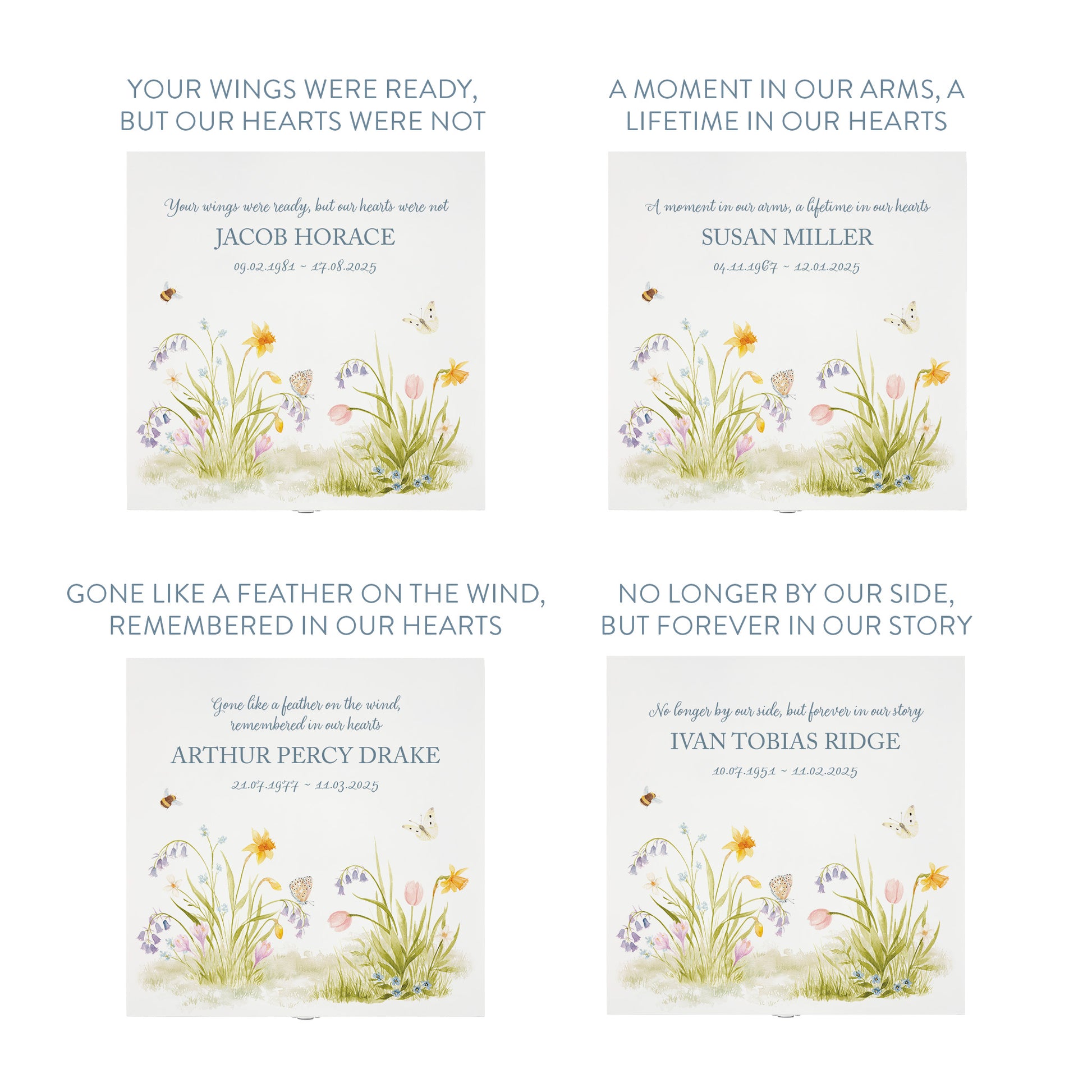 White Square personalised Wooden box with a decorative lid featuring illustrations of a Spring Flower Garden  Perfect funeral memory keepsake box, for storing ashes, order of service, flowers and capturing your loved ones things in one place