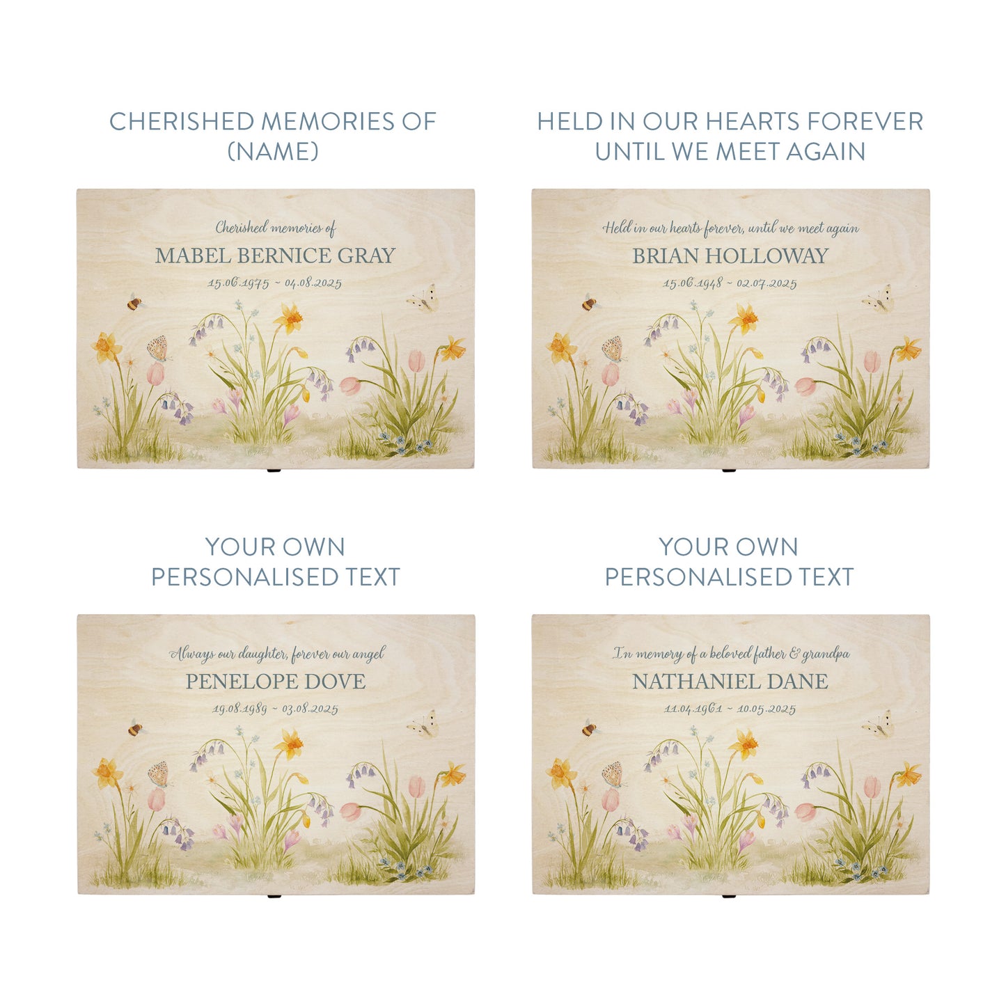 Wooden box with a decorative lid featuring illustrations of a spring Flower Garden with bees, Perfect funeral memory keepsake box, for storing ashes, order of service, flowers, Funeral Box