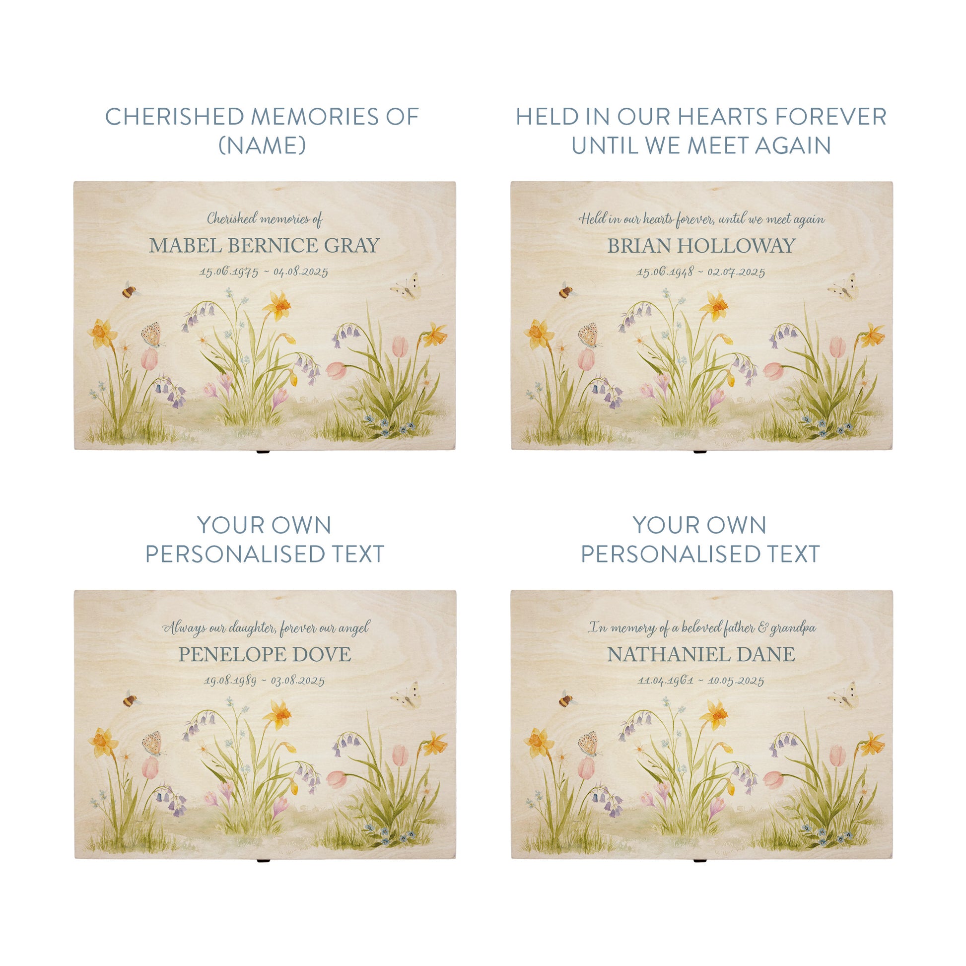 Wooden box with a decorative lid featuring illustrations of a spring Flower Garden with bees, Perfect funeral memory keepsake box, for storing ashes, order of service, flowers, Funeral Box