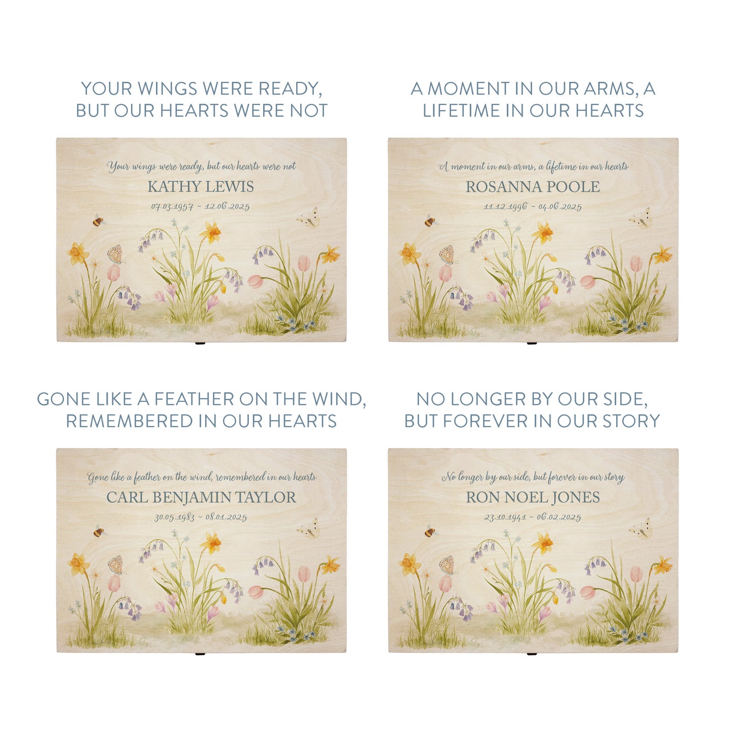 Wooden box with a decorative lid featuring illustrations of a spring Flower Garden with bees, Perfect funeral memory keepsake box, for storing ashes, order of service, flowers, Funeral Box