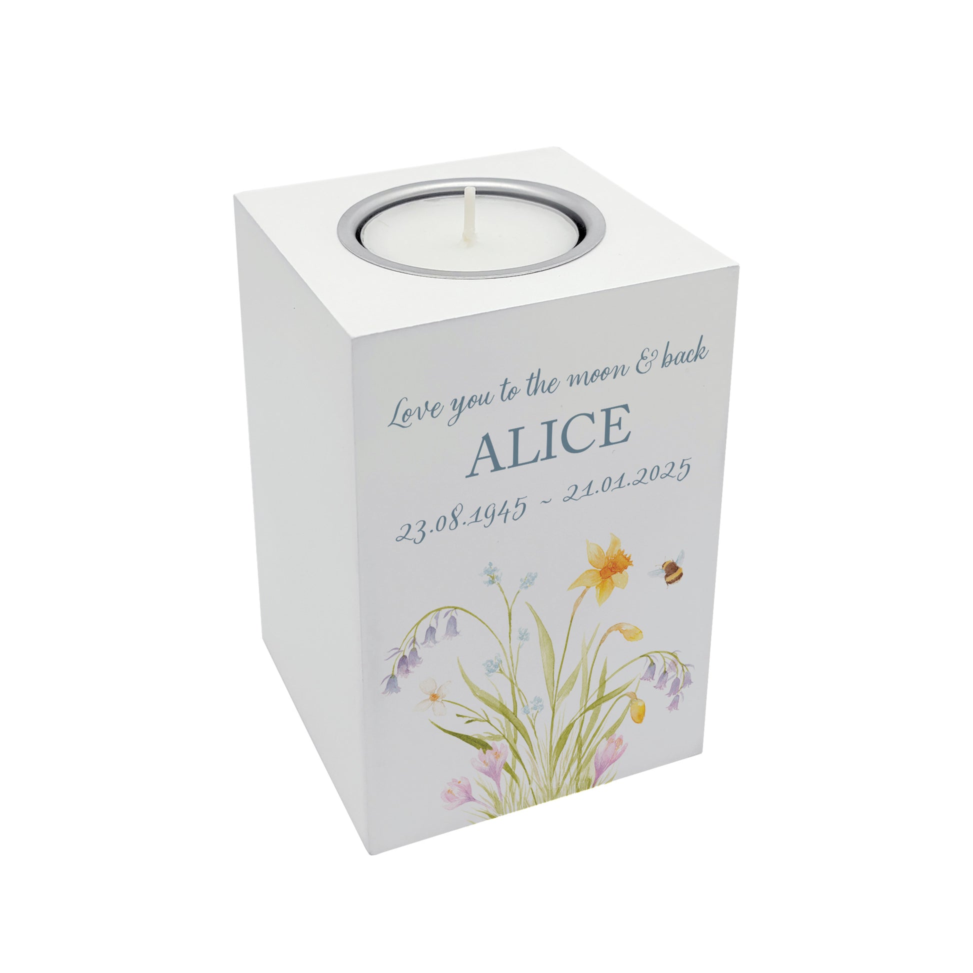 wooden cuboid luxury tealight holder with gorgeous personalised options . Each product is lovingly designed, handmade with our Countryside inspired watercolour designs. This design features a Spring Flowers and buzzy bees,  unique designs to remember a loved on, great for memorial occasions 