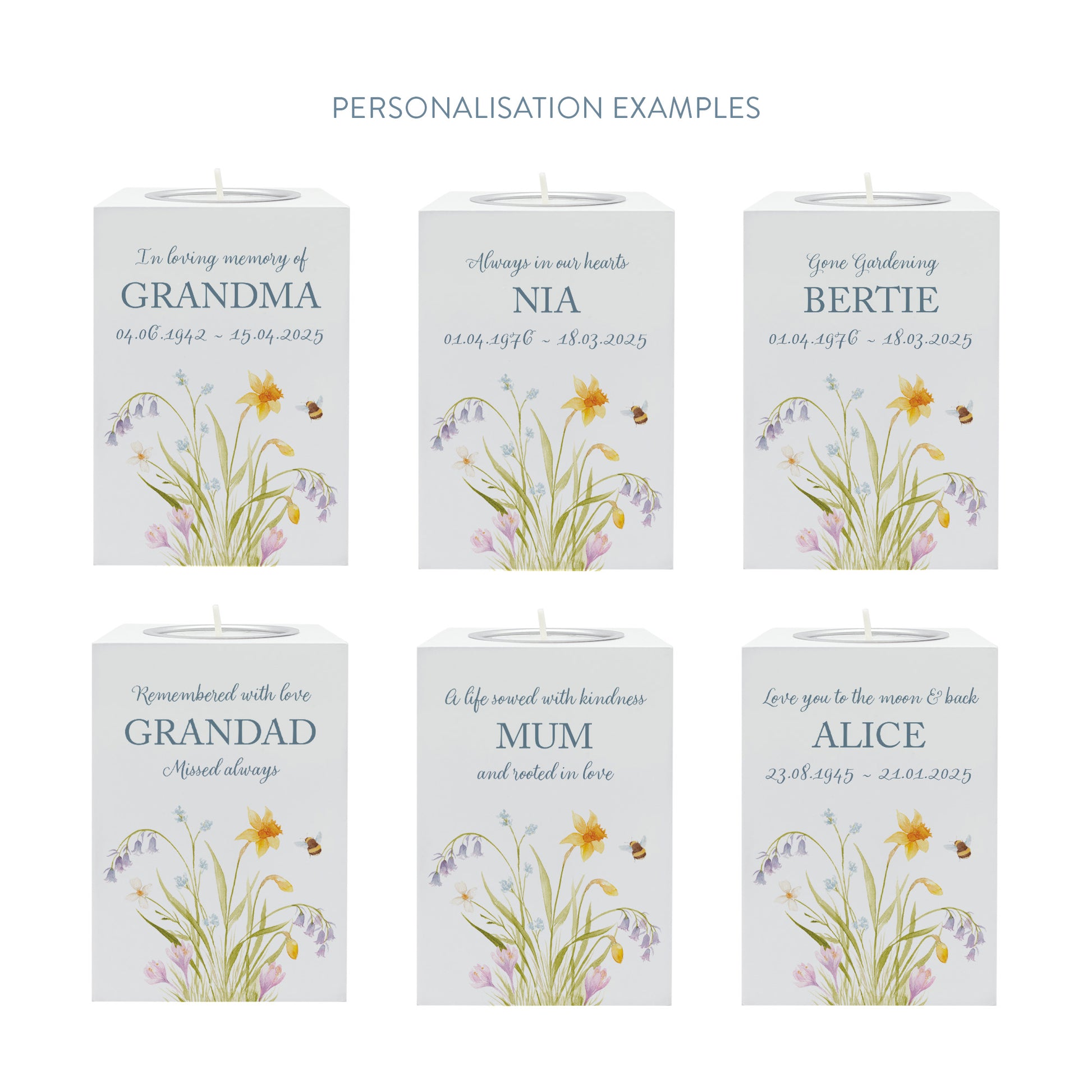 wooden cuboid luxury tealight holder with gorgeous personalised options . Each product is lovingly designed, handmade with our Countryside inspired watercolour designs. This design features a Spring Flowers and buzzy bees,  unique designs to remember a loved on, great for memorial occasions 