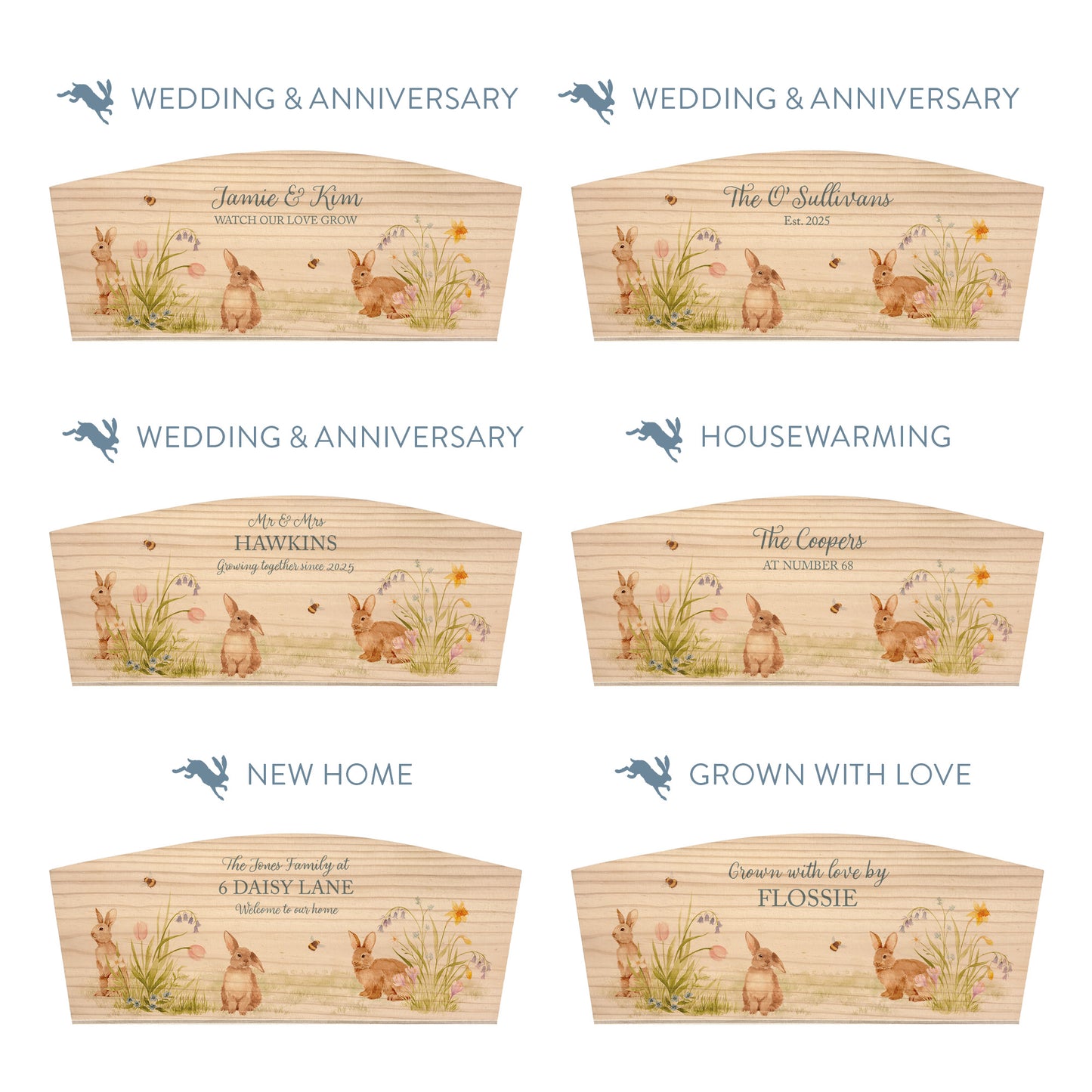 Personalised phrase options for an arched wooden planter box with a watercolour design of cute bunny rabbits among pastel spring flowers. Choose your phrase to suit any occasion including birthday, wedding, anniversary, engagement, and new home.