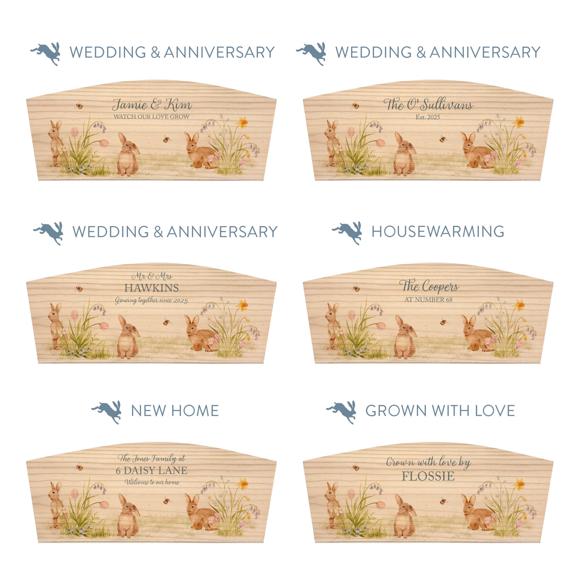 Personalised phrase options for an arched wooden planter box with a watercolour design of cute bunny rabbits among pastel spring flowers. Choose your phrase to suit any occasion including birthday, wedding, anniversary, engagement, and new home.