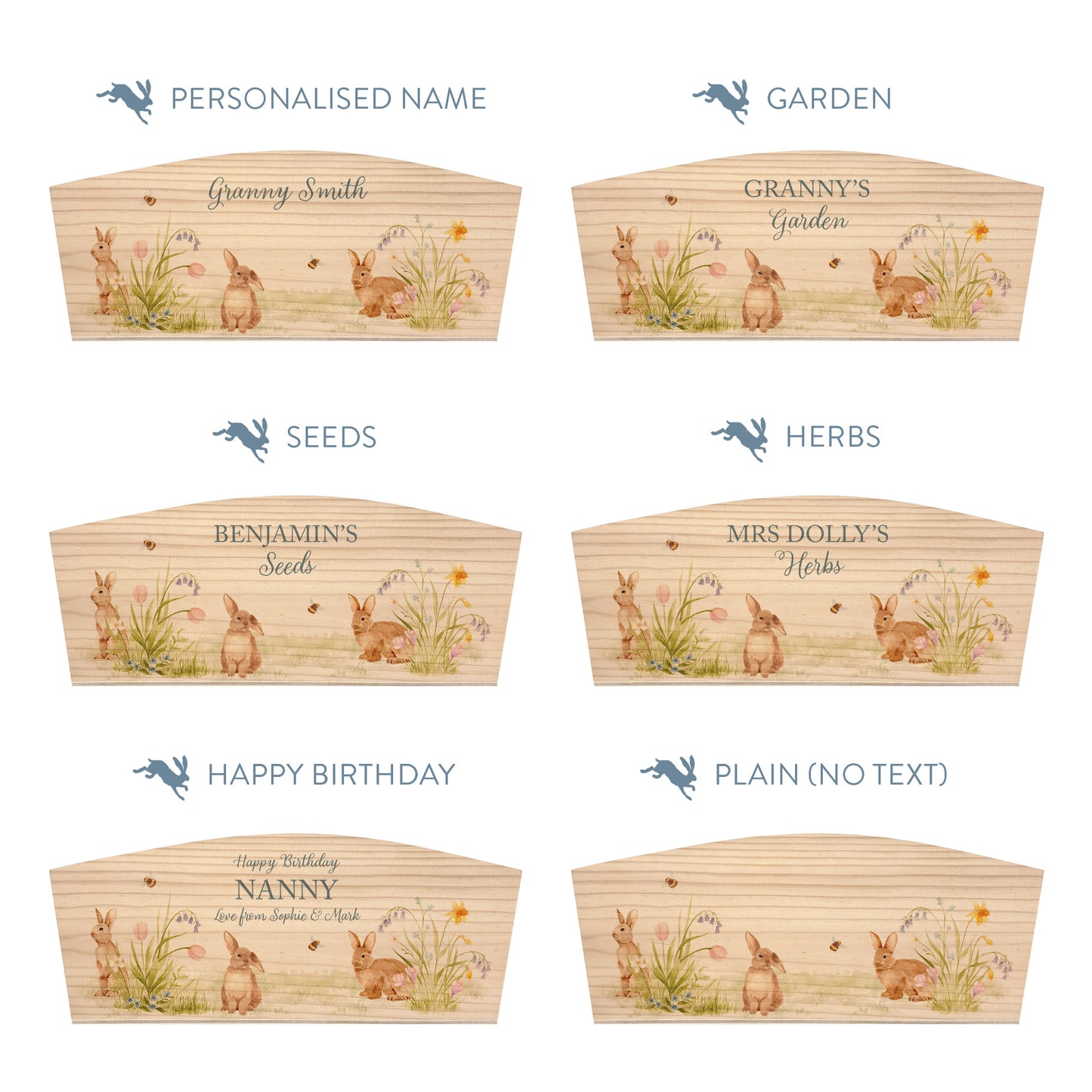 Personalised phrase options for an arched wooden planter box with a watercolour design of cute bunny rabbits among spring flowers. Choose your phrase to suit any occasion including birthday, wedding, new home, and a selection of gardening phrases.