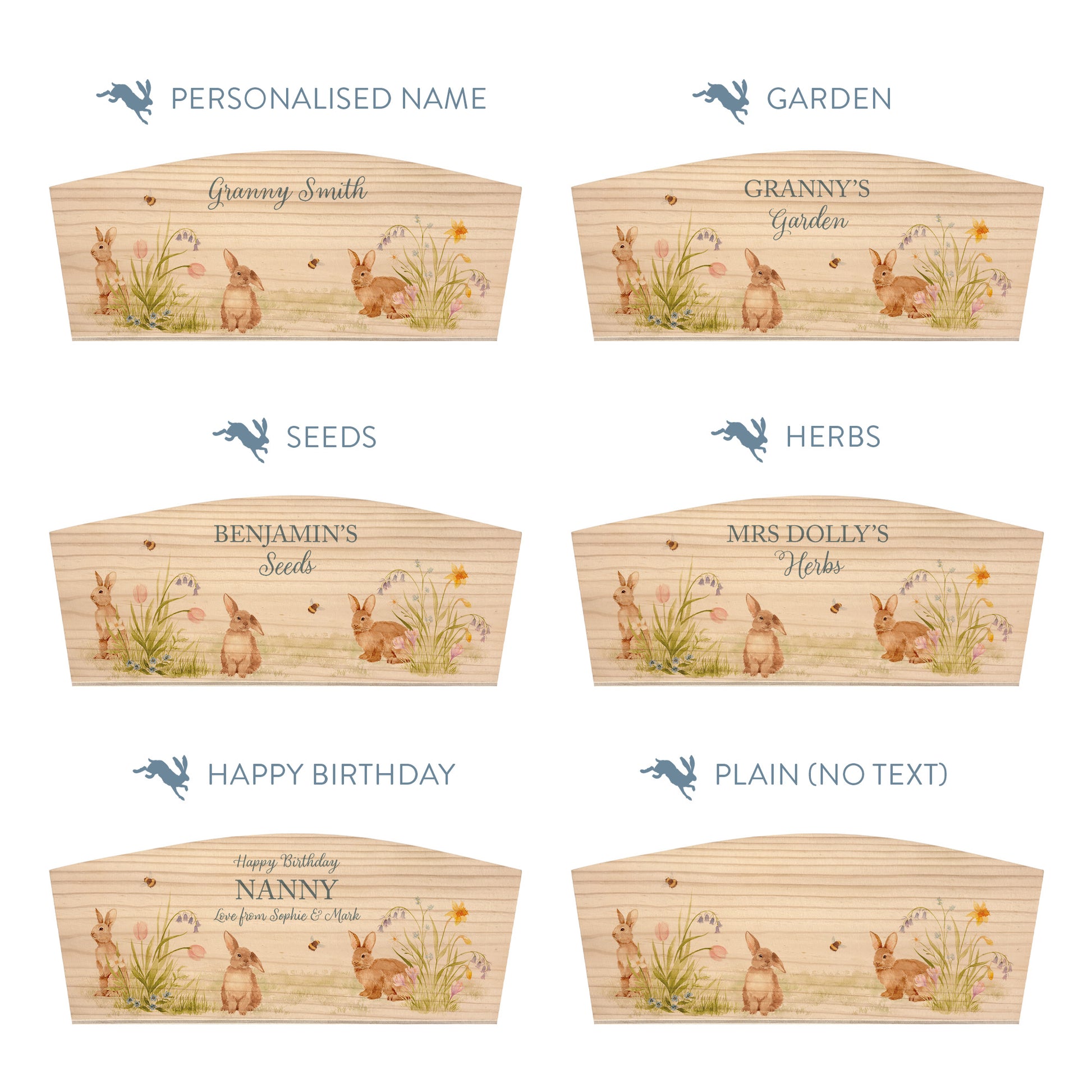 Personalised phrase options for an arched wooden planter box with a watercolour design of cute bunny rabbits among spring flowers. Choose your phrase to suit any occasion including birthday, wedding, new home, and a selection of gardening phrases.