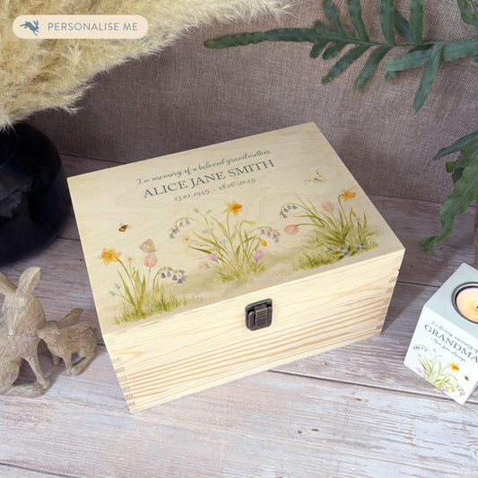 Wooden box with a decorative lid featuring illustrations of a spring Flower Garden with bees, Perfect funeral memory keepsake box, for storing ashes, order of service, flowers, Funeral Box