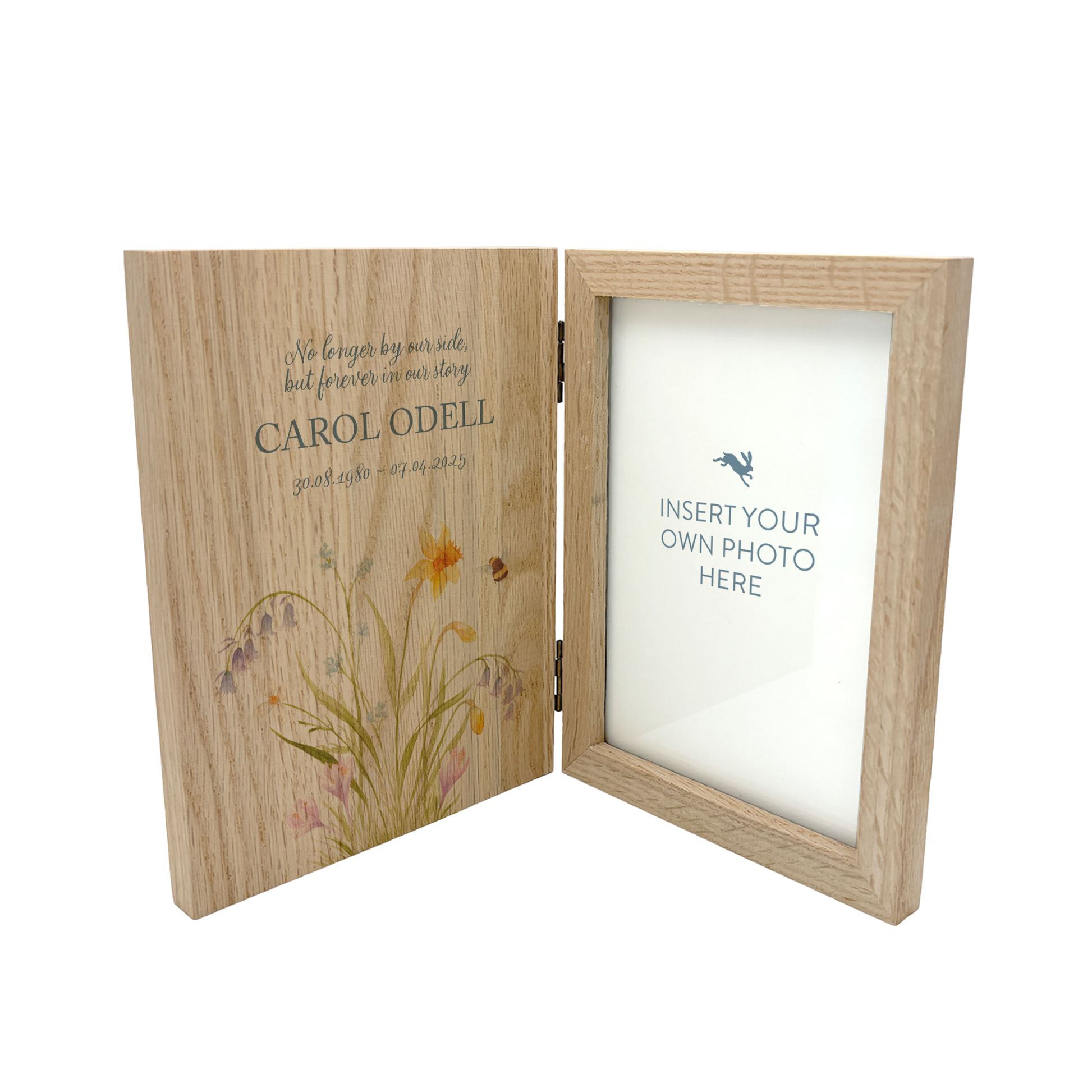Memorial Solid Oak Photo Frame, personalise with your own message or select from our drop down selection. handmade watercolour paintings, this design features a Spring Flowers with a buzzy bee