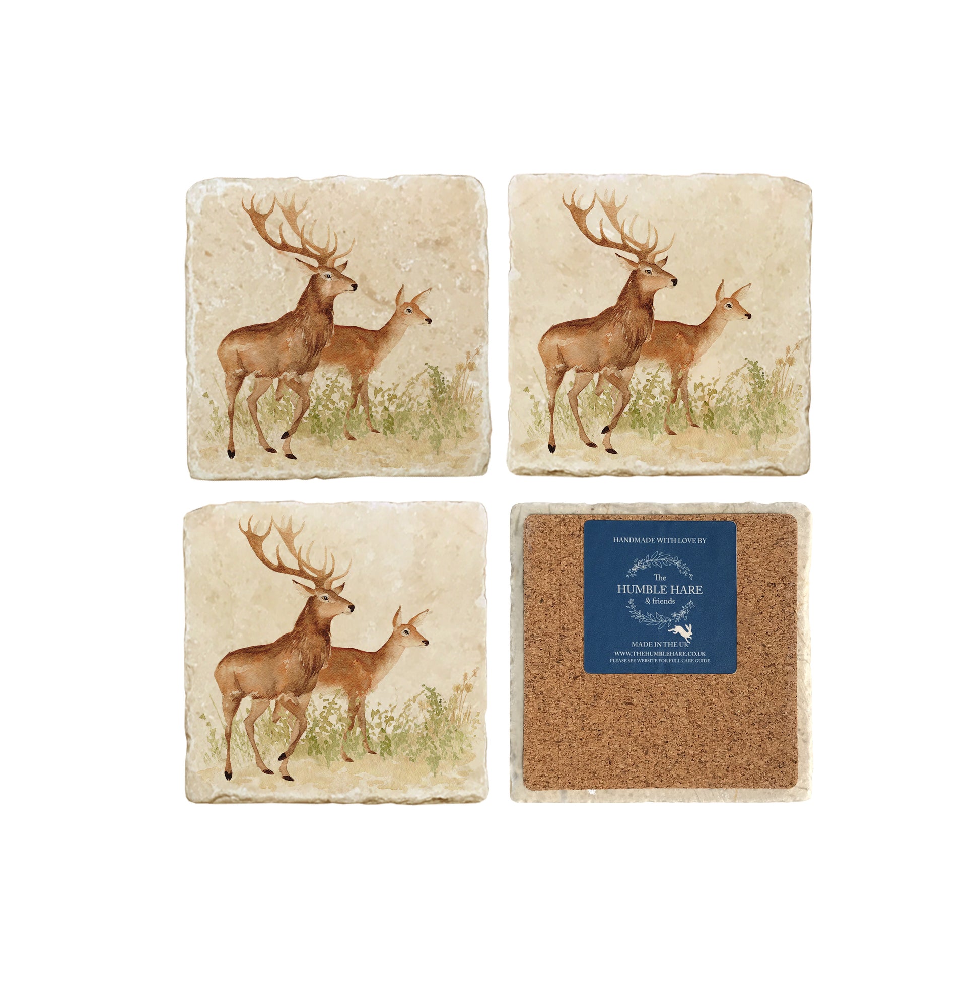 A set of four square marble coasters, featuring a watercolour design of a red deer stag and hind. One coaster is flipped to show that the coasters are backed with cork.